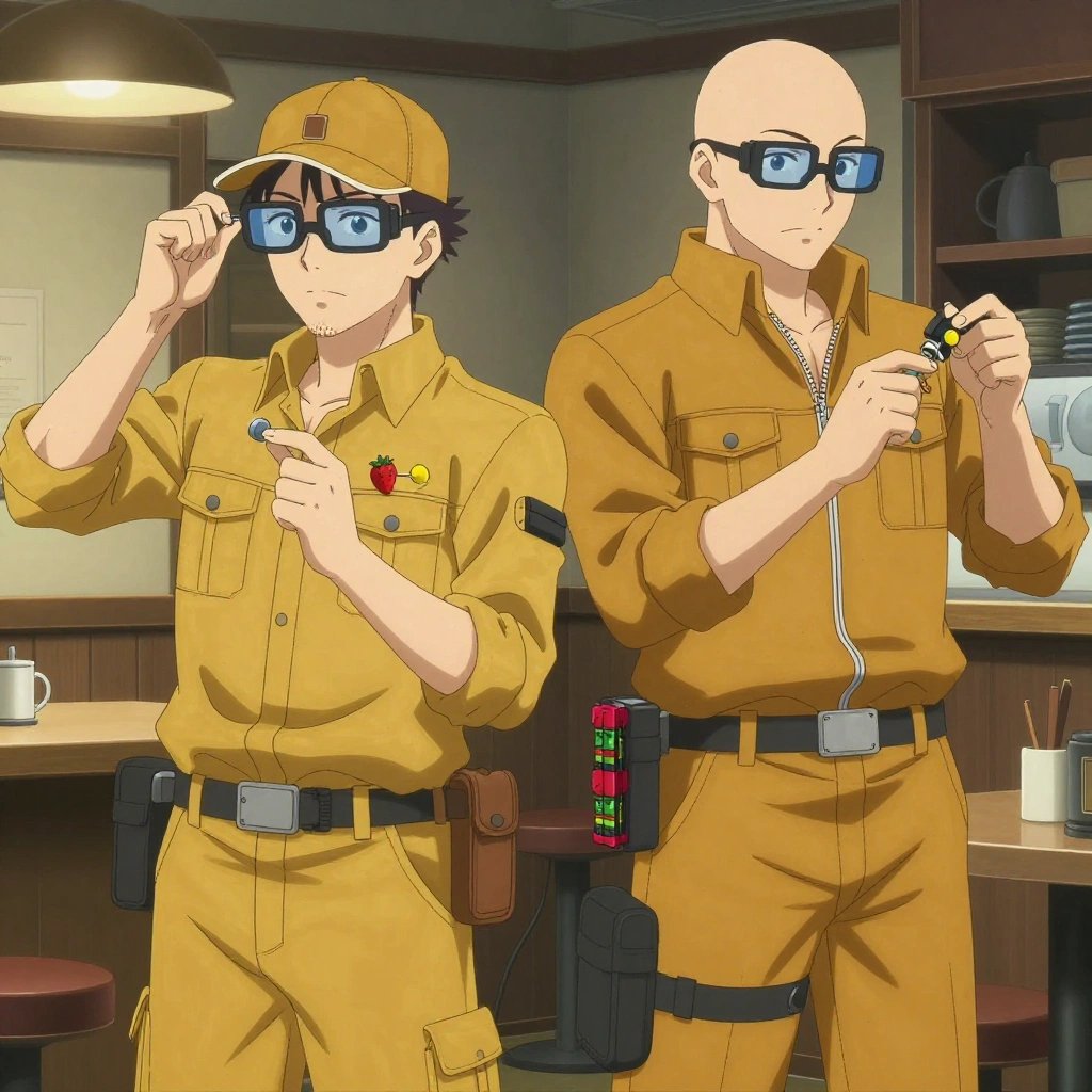 An anime scene showing 2 characters. 1. a male anime character with a lean, medium build, short textured hair, light stubble, wearing a neatly buttoned utility smock with a buttoned collar and chest flaps closed, a utility belt with a small battery pack that connects to his eyeglasses, flat chest with no breasts 2. a male anime character with a broad-shouldered build, short buzz-cut hair, clean-shaven, wearing a neatly buttoned work coverall with a full-length zipper and snapped chest pocket, a utility belt with a small battery pack that connects to his eyeglasses, flat chest with no breasts All characters wear mustard yellow and brown scientific expedition team with a retro style aesthetic. Each character wears two small lapel pins — one showing a tiny red strawberry with green leaves, round and bright and one showing a tiny round-headed pushpin in a bright color. Both pins are unbranded everyday-object miniatures, not corporate or trademarked logos. One character wears a baseball cap. One character has knee pads with built-in tool pouches. Only one character gestures — the others focus on their tasks without gesturing or pointing. Characters speak to devices, check readings, touch their own fingertips together to transmit data, and wear AR glasses. No character touches a keyboard or looks at a screen. No character waves at the camera. No character faces the viewer directly. The team is repairing a literal coastguard in a cozy coffee shop interior with warm light and wood tones. Exactly 2 characters in this scene — no more, no fewer. One carefully tightens a bolt with the appropriate tool, working by feel. One cleans a critical part with solvent, working in a well-ventilated spot. No male character wears a skirt, kilt, or apron over pants or formal shirts. Exactly 2 characters total. The image must contain precisely 2 characters.NO TEXT anywhere in this image — no speech bubbles, no word bubbles, no labels, no signs, no writing of any kind. Anime style, vibrant colors, clean composition, cinematic lighting.
