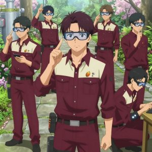 An anime scene showing 1 characters. 1. a male anime character with a lean, medium build, short textured hair, light stubble, wearing a neatly buttoned utility smock with a buttoned collar and chest flaps closed, a utility belt with a small battery pack that connects to his eyeglasses, flat chest with no breasts All characters wear rich maroon and cream maintenance crew with a book club aesthetic. Each character wears two small lapel pins — one showing a tiny yellow-orange mango with a hint of red blush and one showing a tiny silver thumbtack with a colored head (red, blue, or yellow). Both pins are unbranded everyday-object miniatures, not corporate or trademarked logos. One character wears a hoodie. One character has elbow braces with integrated joint lights. Only one character gestures — the others focus on their tasks without gesturing or pointing. Characters speak to devices, check readings, touch their own fingertips together to transmit data, and wear AR glasses. No character touches a keyboard or looks at a screen. No character waves at the camera. No character faces the viewer directly. The team is building a literal space station in a botanical garden at peak bloom with stone pathways and morning mist. Exactly 1 characters in this scene — no more, no fewer. One sands a surface smooth before applying finish, feeling for imperfections. No male character wears a skirt, kilt, or apron over pants or formal shirts. Exactly 1 characters total. The image must contain precisely 1 characters.NO TEXT anywhere in this image — no speech bubbles, no word bubbles, no labels, no signs, no writing of any kind. Anime style, vibrant colors, clean composition, cinematic lighting.