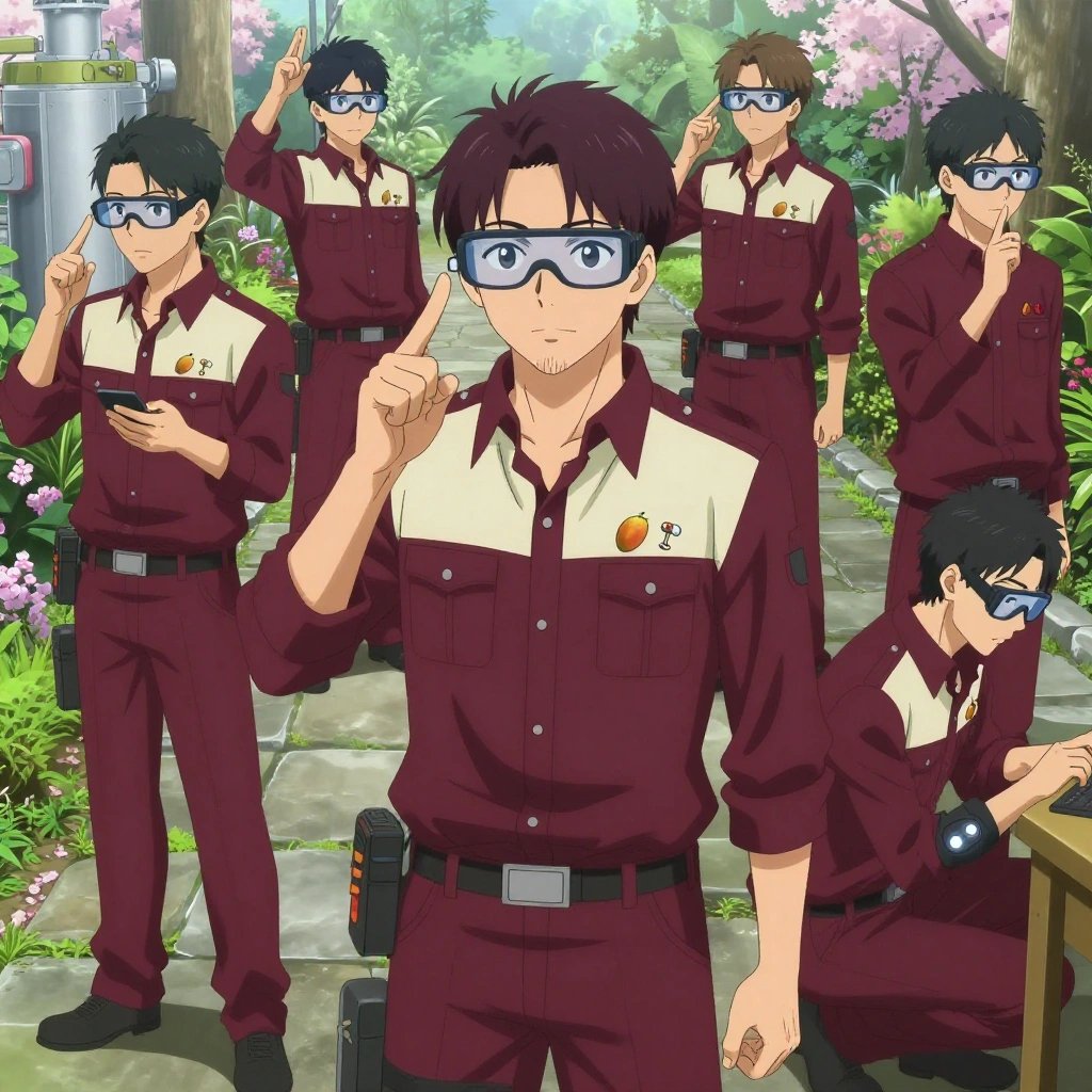 An anime scene showing 1 characters. 1. a male anime character with a lean, medium build, short textured hair, light stubble, wearing a neatly buttoned utility smock with a buttoned collar and chest flaps closed, a utility belt with a small battery pack that connects to his eyeglasses, flat chest with no breasts All characters wear rich maroon and cream maintenance crew with a book club aesthetic. Each character wears two small lapel pins — one showing a tiny yellow-orange mango with a hint of red blush and one showing a tiny silver thumbtack with a colored head (red, blue, or yellow). Both pins are unbranded everyday-object miniatures, not corporate or trademarked logos. One character wears a hoodie. One character has elbow braces with integrated joint lights. Only one character gestures — the others focus on their tasks without gesturing or pointing. Characters speak to devices, check readings, touch their own fingertips together to transmit data, and wear AR glasses. No character touches a keyboard or looks at a screen. No character waves at the camera. No character faces the viewer directly. The team is building a literal space station in a botanical garden at peak bloom with stone pathways and morning mist. Exactly 1 characters in this scene — no more, no fewer. One sands a surface smooth before applying finish, feeling for imperfections. No male character wears a skirt, kilt, or apron over pants or formal shirts. Exactly 1 characters total. The image must contain precisely 1 characters.NO TEXT anywhere in this image — no speech bubbles, no word bubbles, no labels, no signs, no writing of any kind. Anime style, vibrant colors, clean composition, cinematic lighting.