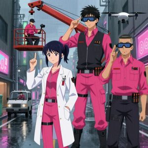 An anime scene showing 4 characters. 1. a female anime character with a slender build, youthful face, no facial hair, side ponytail with a ribbon 2. a male anime character with a broad-shouldered build, short buzz-cut hair, clean-shaven, wearing a neatly buttoned work coverall with a full-length zipper and snapped chest pocket, a utility belt with a small battery pack that connects to his eyeglasses, flat chest with no breasts 3. a male anime character with a tall, lean build, short messy hair, clean-shaven, wearing a neatly pressed collared button-up with a vest over top, a utility belt with a small battery pack that connects to his eyeglasses, flat chest with no breasts 4. a male anime character with a tall, sturdy build, short side-part hair, light goatee, wearing a neatly buttoned collared work shirt with sleeves rolled up, a utility belt with a small battery pack that connects to his eyeglasses, flat chest with no breasts All characters wear hot pink and black medical team (white lab coats) with a fictional character aesthetic. Each character wears two small lapel pins β one showing the the Amazon logo β a smile arrow from A to Z in black on orange text (real brand), and one showing the uppercase B with two crossed vertical lines through it logo (abstract). One character wears a flat cap. One character has utility sheathes on the belt for hand tools. Only one character gestures β the others focus on their tasks without gesturing or pointing. Characters speak to devices, check readings, touch their own fingertips together to transmit data, and wear AR glasses. No character touches a keyboard or looks at a screen. No character waves at the camera. No character faces the viewer directly. The team is operating a literal lookout tower in a rain-soaked city alley with neon signs reflecting in puddles. Exactly 4 characters in this scene β no more, no fewer. One operates a camera on a stabilized rig, framing the shot perfectly. One controls a crane or lift, moving materials with precision and care. One drives a vehicle steadily along a route, eyes on the road or path. One pilots a drone through a pre-planned flight path, monitoring telemetry. No male character wears a skirt, kilt, or apron over pants or formal shirts. Exactly 4 characters total. The image must contain precisely 4 characters.NO TEXT anywhere in this image β no speech bubbles, no word bubbles, no labels, no signs, no writing of any kind. Anime style, vibrant colors, clean composition, cinematic lighting.
