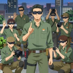 An anime scene showing 1 characters. 1. a male anime character with a tall, sturdy build, short side-part hair, light goatee, wearing a neatly buttoned collared work shirt with sleeves rolled up, a utility belt with a small battery pack that connects to his eyeglasses, flat chest with no breasts All characters wear earthy green and tan engineering team with a gym aesthetic. Each character wears two small lapel pins β one showing the the Google logo β four colored letters G o o g in bold, blue red yellow blue (real brand), and one showing the a shiba inu dog face with an orange hoodie, within a single circle, orange and white colors logo (abstract). One character wears a baseball cap. One character has knee pads with built-in tool pouches. Only one character gestures β the others focus on their tasks without gesturing or pointing. Characters speak to devices, check readings, touch their own fingertips together to transmit data, and wear AR glasses. No character touches a keyboard or looks at a screen. No character waves at the camera. No character faces the viewer directly. The team is operating a literal sawmill in a bustling urban rooftop garden with city skyline at dusk. Exactly 1 characters in this scene β no more, no fewer. One operates a camera on a stabilized rig, framing the shot perfectly. No male character wears a skirt, kilt, or apron over pants or formal shirts. Exactly 1 characters total. The image must contain precisely 1 characters.NO TEXT anywhere in this image β no speech bubbles, no word bubbles, no labels, no signs, no writing of any kind. Anime style, vibrant colors, clean composition, cinematic lighting.