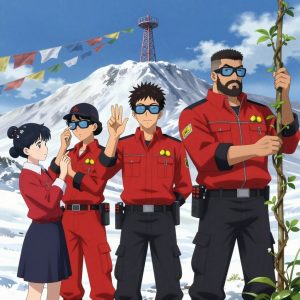 An anime scene showing 3 characters. 1. a female anime character with a small build, no facial hair, hair in a bun with a decorative pin, wearing a skirt 2. a male anime character with a lean, medium build, short textured hair, light stubble, wearing a neatly buttoned utility smock with a buttoned collar and chest flaps closed, a utility belt with a small battery pack that connects to his eyeglasses, flat chest with no breasts 3. a male anime character with a stocky, strong build, short undercut hair, full beard, wearing a neatly buttoned work jacket with a full zip front and rolled sleeves, a utility belt with a small battery pack that connects to his eyeglasses, flat chest with no breasts All characters wear bold red and black hazardous disposal team with a 1950s aesthetic. Each character wears two small lapel pins — one showing a tiny yellow lemon with a small green leaf attached and one showing a tiny silver paperclip. Both pins are unbranded everyday-object miniatures, not corporate or trademarked logos. One character wears a newsboy cap. One character has signal reflector patch on the shoulder. Character #3 fingerspelling the letter W — three middle fingers up and thumb across palm, held up clearly, hands large and clearly visible in the foreground. Only one character gestures — the others focus on their tasks without gesturing or pointing. Characters speak to devices, check readings, touch their own fingertips together to transmit data, and wear AR glasses. No character touches a keyboard or looks at a screen. No character waves at the camera. No character faces the viewer directly. The team is cultivating a literal radio tower in a snowy mountain peak with prayer flags waving in strong wind. Exactly 3 characters in this scene — no more, no fewer. One applies fertilizer in careful doses around the root zone. One prunes dead growth to encourage healthy new shoots. One trellises a climbing plant, guiding it along a support with gentle care. No male character wears a skirt, kilt, or apron over pants or formal shirts. Exactly 3 characters total. The image must contain precisely 3 characters.NO TEXT anywhere in this image — no speech bubbles, no word bubbles, no labels, no signs, no writing of any kind. Anime style, vibrant colors, clean composition, cinematic lighting.