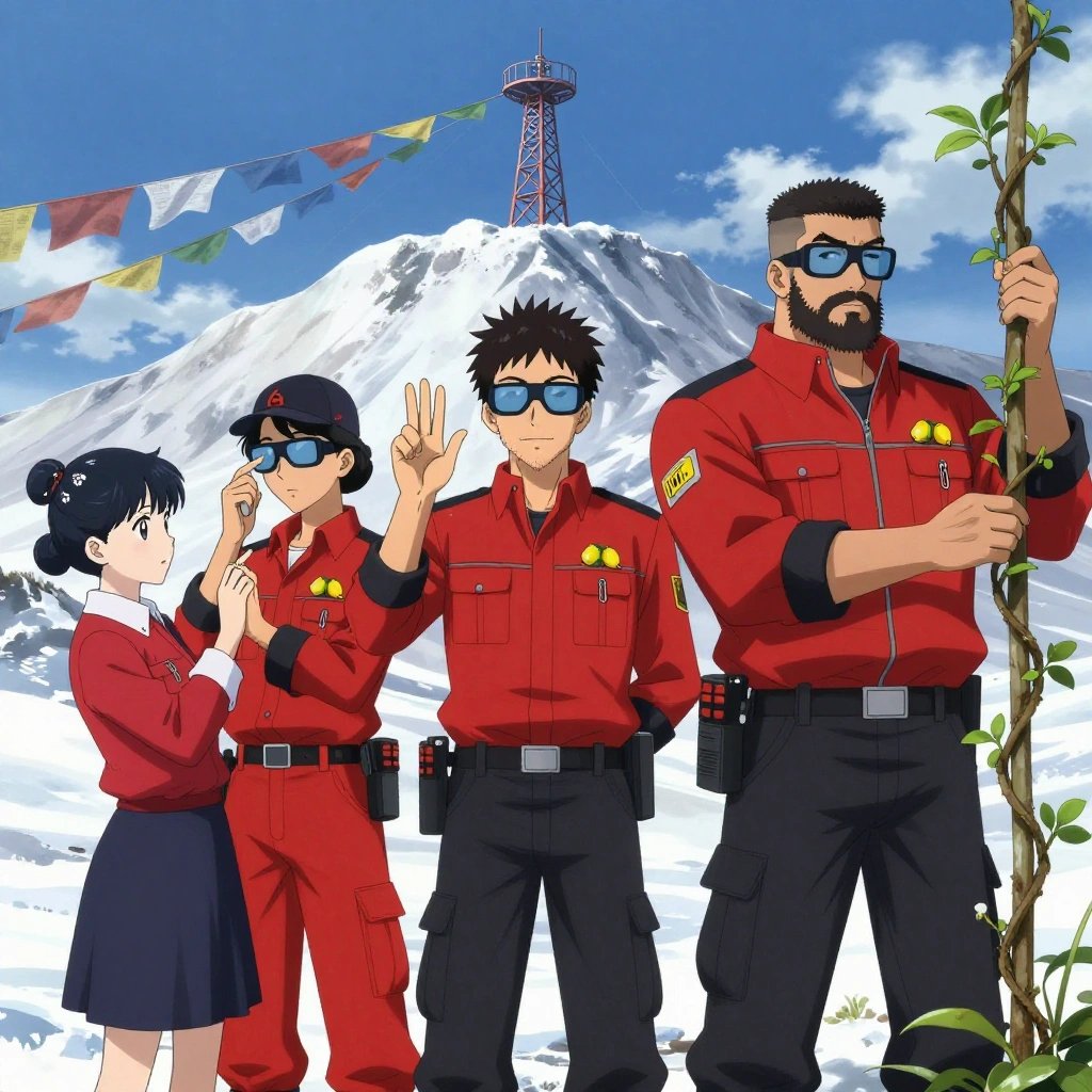 An anime scene showing 3 characters. 1. a female anime character with a small build, no facial hair, hair in a bun with a decorative pin, wearing a skirt 2. a male anime character with a lean, medium build, short textured hair, light stubble, wearing a neatly buttoned utility smock with a buttoned collar and chest flaps closed, a utility belt with a small battery pack that connects to his eyeglasses, flat chest with no breasts 3. a male anime character with a stocky, strong build, short undercut hair, full beard, wearing a neatly buttoned work jacket with a full zip front and rolled sleeves, a utility belt with a small battery pack that connects to his eyeglasses, flat chest with no breasts All characters wear bold red and black hazardous disposal team with a 1950s aesthetic. Each character wears two small lapel pins — one showing a tiny yellow lemon with a small green leaf attached and one showing a tiny silver paperclip. Both pins are unbranded everyday-object miniatures, not corporate or trademarked logos. One character wears a newsboy cap. One character has signal reflector patch on the shoulder. Character #3 fingerspelling the letter W — three middle fingers up and thumb across palm, held up clearly, hands large and clearly visible in the foreground. Only one character gestures — the others focus on their tasks without gesturing or pointing. Characters speak to devices, check readings, touch their own fingertips together to transmit data, and wear AR glasses. No character touches a keyboard or looks at a screen. No character waves at the camera. No character faces the viewer directly. The team is cultivating a literal radio tower in a snowy mountain peak with prayer flags waving in strong wind. Exactly 3 characters in this scene — no more, no fewer. One applies fertilizer in careful doses around the root zone. One prunes dead growth to encourage healthy new shoots. One trellises a climbing plant, guiding it along a support with gentle care. No male character wears a skirt, kilt, or apron over pants or formal shirts. Exactly 3 characters total. The image must contain precisely 3 characters.NO TEXT anywhere in this image — no speech bubbles, no word bubbles, no labels, no signs, no writing of any kind. Anime style, vibrant colors, clean composition, cinematic lighting.