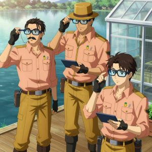 An anime scene showing 3 characters. 1. a male anime character with a tall, rugged build, short dreadlock hair, thick mustache, wearing a neatly buttoned utility jacket with a mandarin collar and two chest pockets, a utility belt with a small battery pack that connects to his eyeglasses, flat chest with no breasts 2. a male anime character with a broader, muscular build, short spiky hair, light stubble, wearing a neatly buttoned work shirt with epaulets and a zipped front, a utility belt with a small battery pack that connects to his eyeglasses, flat chest with no breasts 3. a male anime character with a lean, wiry build, short wavy hair, clean-shaven, wearing a neatly buttoned utility shirt with a buttoned collar and chest pockets snapped shut, a utility belt with a small battery pack that connects to his eyeglasses, flat chest with no breasts All characters wear warm peach and gold surveying team with a retro style aesthetic. Each character wears two small lapel pins β one showing a tiny stylized pineapple charm in yellow and green and one showing a tiny silver paperclip. Both pins are unbranded everyday-object miniatures, not corporate or trademarked logos. One character wears a top hat. One character has gloves with fingertip sensors. Only one character gestures β the others focus on their tasks without gesturing or pointing. Characters speak to devices, check readings, touch their own fingertips together to transmit data, and wear AR glasses. No character touches a keyboard or looks at a screen. No character waves at the camera. No character faces the viewer directly. The team is programming a literal greenhouse in a calm lakeside dock at dawn with mist rising off the water. Exactly 3 characters in this scene β no more, no fewer. One troubleshoots a flaky network connection, checking configs and physical links. One deploys an update to production, watching dashboards for anomalies. One writes and tests code, iterating based on what runs correctly. No male character wears a skirt, kilt, or apron over pants or formal shirts. Exactly 3 characters total. The image must contain precisely 3 characters.NO TEXT anywhere in this image β no speech bubbles, no word bubbles, no labels, no signs, no writing of any kind. Anime style, vibrant colors, clean composition, cinematic lighting.