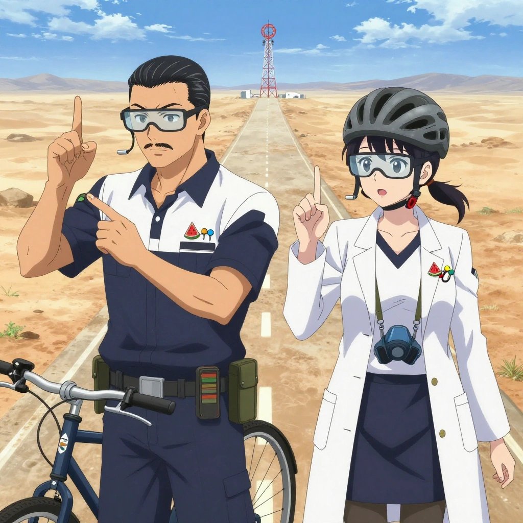 An anime scene showing 2 characters. 1. a male anime character with a fit, medium build, short slicked-back hair, light mustache, wearing a neatly buttoned work polo with a collared neck and buttoned cuffs, a utility belt with a small battery pack that connects to his eyeglasses, flat chest with no breasts 2. a female anime character with a slender build, youthful face, no facial hair, side ponytail with a ribbon All characters wear navy and soft white medical team (white lab coats) with a game night aesthetic. Each character wears two small lapel pins — one showing a tiny watermelon slice showing the red flesh, black seeds, and green rind and one showing a tiny round-headed pushpin in a bright color. Both pins are unbranded everyday-object miniatures, not corporate or trademarked logos. One character wears a bicycle helmet. One character has compact respirator hanging from a carabiner. Only one character gestures — the others focus on their tasks without gesturing or pointing. Characters speak to devices, check readings, touch their own fingertips together to transmit data, and wear AR glasses. No character touches a keyboard or looks at a screen. No character waves at the camera. No character faces the viewer directly. The team is practicing a literal radio tower in a dusty desert road stretching to the horizon under a blazing sun. Exactly 2 characters in this scene — no more, no fewer. One practices a difficult passage with full concentration, building muscle memory. One trains hard on a course, learning from each previous attempt. No male character wears a skirt, kilt, or apron over pants or formal shirts. Exactly 2 characters total. The image must contain precisely 2 characters.NO TEXT anywhere in this image — no speech bubbles, no word bubbles, no labels, no signs, no writing of any kind. Anime style, vibrant colors, clean composition, cinematic lighting.