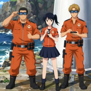 An anime scene showing 3 characters. 1. a male anime character with a broader, muscular build, short spiky hair, light stubble, wearing a neatly buttoned work shirt with epaulets and a zipped front, a utility belt with a small battery pack that connects to his eyeglasses, flat chest with no breasts 2. a female anime character with a slender build, youthful face, no facial hair, side ponytail with a ribbon 3. a male anime character with a lean, wiry build, short wavy hair, clean-shaven, wearing a neatly buttoned utility shirt with a buttoned collar and chest pockets snapped shut, a utility belt with a small battery pack that connects to his eyeglasses, flat chest with no breasts All characters wear rust orange and navy technical repair team with a cheerleader aesthetic. Each character wears two small lapel pins β one showing the the Meta logo β a blue geometric shape like a paper airplane pointing up-right (real brand), and one showing the a shiba inu dog face with an orange hoodie, within a single circle, orange and white colors logo (abstract). One character wears a hoodie. One character has magnetized boot heels for steel surfaces. Only one character gestures β the others focus on their tasks without gesturing or pointing. Characters speak to devices, check readings, touch their own fingertips together to transmit data, and wear AR glasses. No character touches a keyboard or looks at a screen. No character waves at the camera. No character faces the viewer directly. The team is building a literal lighthouse in a rocky coastline with waves crashing against dark stone cliffs. Exactly 3 characters in this scene β no more, no fewer. One sands a surface smooth before applying finish, feeling for imperfections. One checks alignment and level before securing each joint. One assembles components using the correct fasteners and techniques. No male character wears a skirt, kilt, or apron over pants or formal shirts. Exactly 3 characters total. The image must contain precisely 3 characters.NO TEXT anywhere in this image β no speech bubbles, no word bubbles, no labels, no signs, no writing of any kind. Anime style, vibrant colors, clean composition, cinematic lighting.