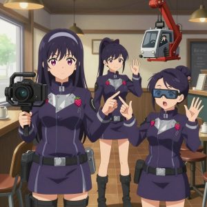 An anime scene showing 3 characters. 1. a female anime character with a petite build, expressive eyes, no facial hair, long straight hair with a ribbon headband 2. a female anime character with a small build, round face, no facial hair, hair in a high ponytail with a bow 3. a female anime character with a small build, no facial hair, hair in a bun with a decorative pin, wearing a skirt All characters wear dark purple and silver search and rescue team with a valentine's day aesthetic. Each character wears two small lapel pins β one showing a tiny pink raspberry with a hollow center and one showing a tiny silver paperclip. Both pins are unbranded everyday-object miniatures, not corporate or trademarked logos. One character wears a fedora. One character has calibrated ankle strap for terrain mapping. Only one character gestures β the others focus on their tasks without gesturing or pointing. Characters speak to devices, check readings, touch their own fingertips together to transmit data, and wear AR glasses. No character touches a keyboard or looks at a screen. No character waves at the camera. No character faces the viewer directly. The team is operating a literal hydroplant in a cozy coffee shop interior with warm light and wood tones. Exactly 3 characters in this scene β no more, no fewer. One operates a camera on a stabilized rig, framing the shot perfectly. One drives a vehicle steadily along a route, eyes on the road or path. One controls a crane or lift, moving materials with precision and care. No male character wears a skirt, kilt, or apron over pants or formal shirts. Exactly 3 characters total. The image must contain precisely 3 characters.NO TEXT anywhere in this image β no speech bubbles, no word bubbles, no labels, no signs, no writing of any kind. Anime style, vibrant colors, clean composition, cinematic lighting.