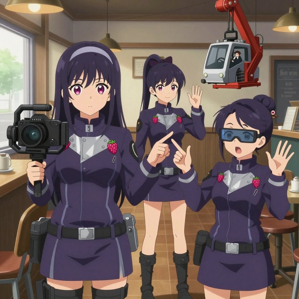 An anime scene showing 3 characters. 1. a female anime character with a petite build, expressive eyes, no facial hair, long straight hair with a ribbon headband 2. a female anime character with a small build, round face, no facial hair, hair in a high ponytail with a bow 3. a female anime character with a small build, no facial hair, hair in a bun with a decorative pin, wearing a skirt All characters wear dark purple and silver search and rescue team with a valentine's day aesthetic. Each character wears two small lapel pins — one showing a tiny pink raspberry with a hollow center and one showing a tiny silver paperclip. Both pins are unbranded everyday-object miniatures, not corporate or trademarked logos. One character wears a fedora. One character has calibrated ankle strap for terrain mapping. Only one character gestures — the others focus on their tasks without gesturing or pointing. Characters speak to devices, check readings, touch their own fingertips together to transmit data, and wear AR glasses. No character touches a keyboard or looks at a screen. No character waves at the camera. No character faces the viewer directly. The team is operating a literal hydroplant in a cozy coffee shop interior with warm light and wood tones. Exactly 3 characters in this scene — no more, no fewer. One operates a camera on a stabilized rig, framing the shot perfectly. One drives a vehicle steadily along a route, eyes on the road or path. One controls a crane or lift, moving materials with precision and care. No male character wears a skirt, kilt, or apron over pants or formal shirts. Exactly 3 characters total. The image must contain precisely 3 characters.NO TEXT anywhere in this image — no speech bubbles, no word bubbles, no labels, no signs, no writing of any kind. Anime style, vibrant colors, clean composition, cinematic lighting.