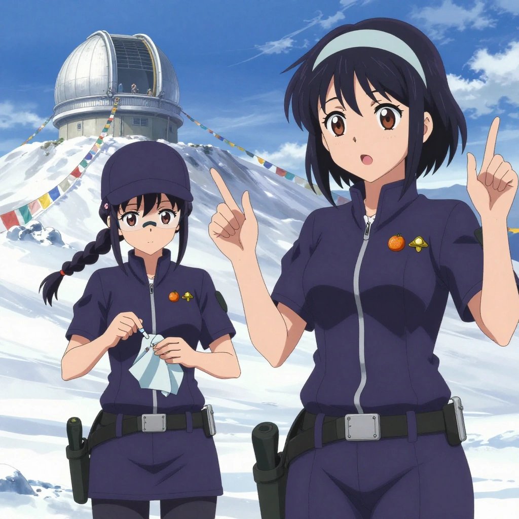 An anime scene showing 2 characters. 1. a female anime character with a slim build, gentle features, no facial hair, hair in a bob with a headband 2. a female anime character with a petite build, soft features, no facial hair, hair in twin braids with small flower clips All characters wear dark purple and silver search and rescue team with a gym aesthetic. Each character wears two small lapel pins — one showing a tiny round tangerine with a small dimpled peel texture and one showing a tiny brass thumbtack with a flat head. Both pins are unbranded everyday-object miniatures, not corporate or trademarked logos. One character wears a flat cap. One character has utility sheathes on the belt for hand tools. Only one character gestures — the others focus on their tasks without gesturing or pointing. Characters speak to devices, check readings, touch their own fingertips together to transmit data, and wear AR glasses. No character touches a keyboard or looks at a screen. No character waves at the camera. No character faces the viewer directly. The team is treating a literal observatory in a snowy mountain peak with prayer flags waving in strong wind. Exactly 2 characters in this scene — no more, no fewer. One performs a careful examination to determine the cause of symptoms. One carefully cleans and dresses a wound using sterile supplies. No male character wears a skirt, kilt, or apron over pants or formal shirts. Exactly 2 characters total. The image must contain precisely 2 characters.NO TEXT anywhere in this image — no speech bubbles, no word bubbles, no labels, no signs, no writing of any kind. Anime style, vibrant colors, clean composition, cinematic lighting.