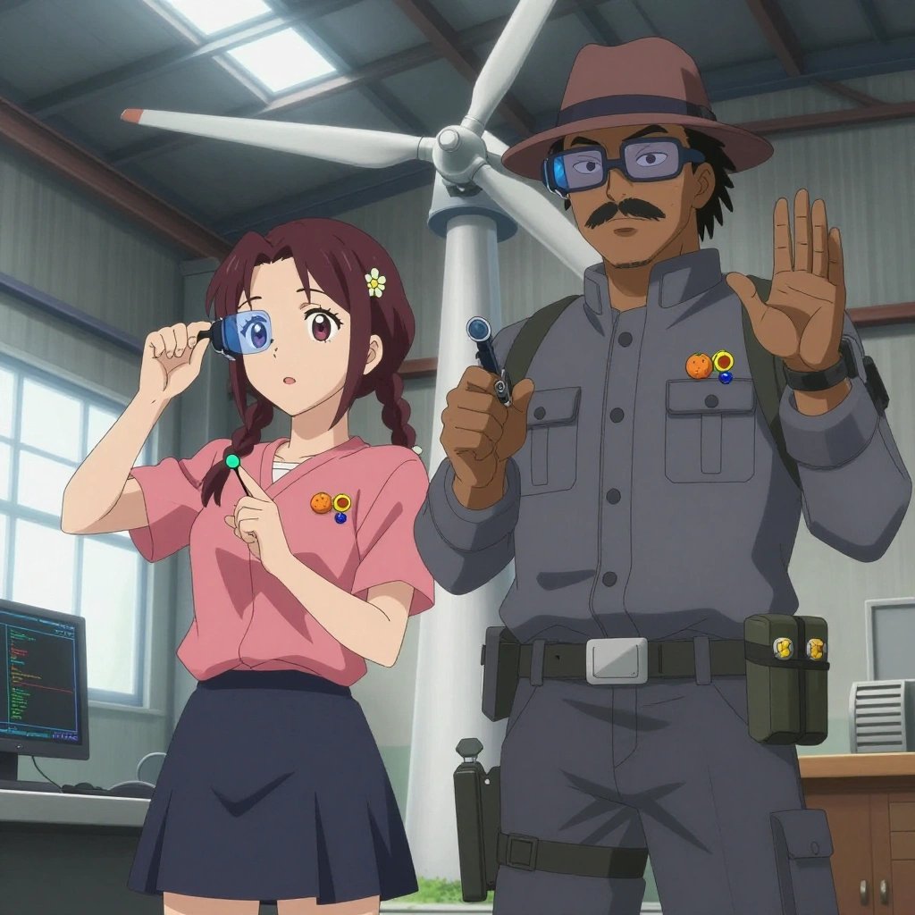 An anime scene showing 2 characters. 1. a female anime character with a petite build, soft features, no facial hair, hair in twin braids with small flower clips 2. a male anime character with a tall, rugged build, short dreadlock hair, thick mustache, wearing a neatly buttoned utility jacket with a mandarin collar and two chest pockets, a utility belt with a small battery pack that connects to his eyeglasses, flat chest with no breasts All characters wear muted rose and gray fishing trawler crew with a cheerleader aesthetic. Each character wears two small lapel pins — one showing a tiny round tangerine with a small dimpled peel texture and one showing a tiny round-headed pushpin in a bright color. Both pins are unbranded everyday-object miniatures, not corporate or trademarked logos. One character wears a fedora. One character has wrist-mounted calibration scope. Only one character gestures — the others focus on their tasks without gesturing or pointing. Characters speak to devices, check readings, touch their own fingertips together to transmit data, and wear AR glasses. No character touches a keyboard or looks at a screen. No character waves at the camera. No character faces the viewer directly. The team is programming a literal windmill in an industrial warehouse with natural light streaming through skylights. Exactly 2 characters in this scene — no more, no fewer. One deploys an update to production, watching dashboards for anomalies. One writes and tests code, iterating based on what runs correctly. No male character wears a skirt, kilt, or apron over pants or formal shirts. Exactly 2 characters total. The image must contain precisely 2 characters.NO TEXT anywhere in this image — no speech bubbles, no word bubbles, no labels, no signs, no writing of any kind. Anime style, vibrant colors, clean composition, cinematic lighting.
