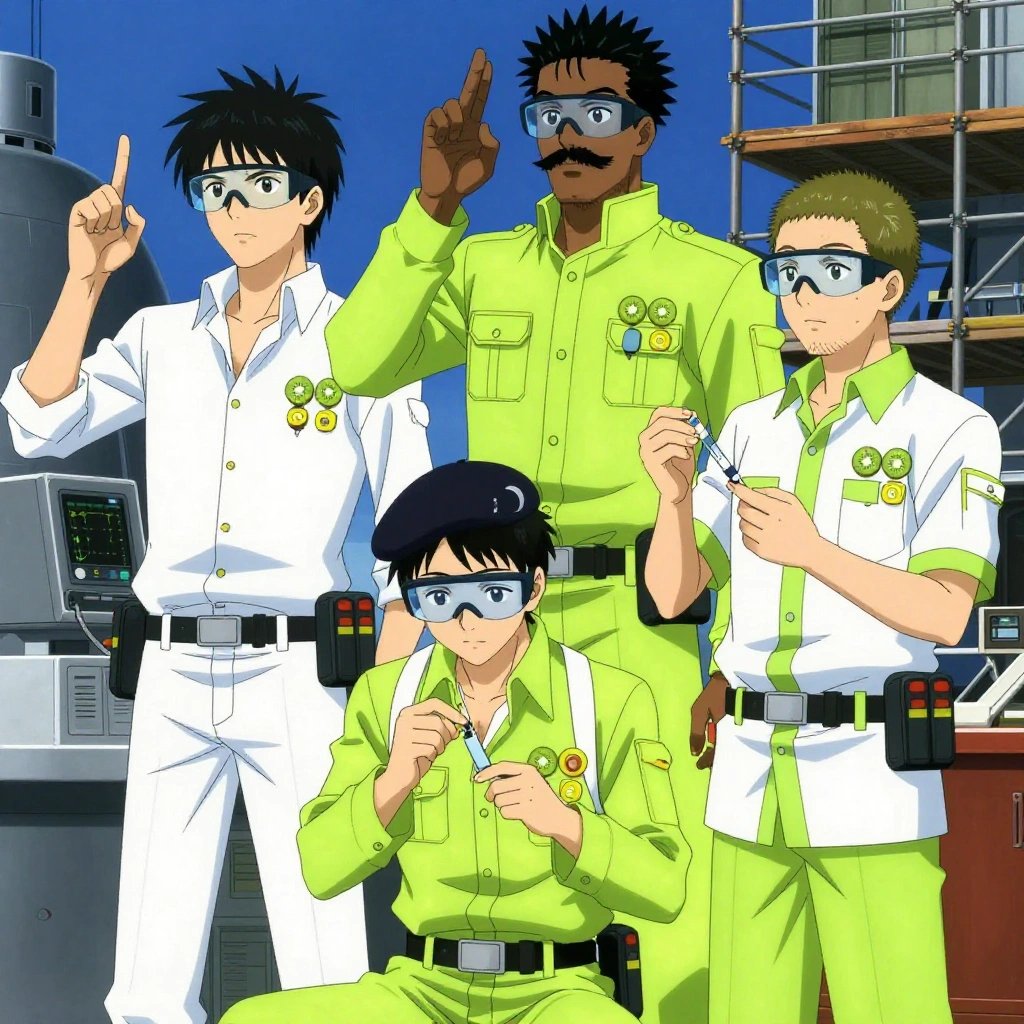 An anime scene showing 3 characters. 1. a male anime character with a tall, lean build, short messy hair, clean-shaven, wearing a neatly pressed collared button-up with a vest over top, a utility belt with a small battery pack that connects to his eyeglasses, flat chest with no breasts 2. a male anime character with a tall, rugged build, short dreadlock hair, thick mustache, wearing a neatly buttoned utility jacket with a mandarin collar and two chest pockets, a utility belt with a small battery pack that connects to his eyeglasses, flat chest with no breasts 3. a male anime character with a lean, medium build, short textured hair, light stubble, wearing a neatly buttoned utility smock with a buttoned collar and chest flaps closed, a utility belt with a small battery pack that connects to his eyeglasses, flat chest with no breasts All characters wear fresh lime and white scientific expedition team with a christmas aesthetic. Each character wears two small lapel pins — one showing a tiny kiwi slice showing the green flesh with tiny black seeds and white center and one showing a tiny yellow tape measure coiled into a small circle. Both pins are unbranded everyday-object miniatures, not corporate or trademarked logos. One character wears a beret. One character has safety goggles with AR overlay lenses. Only one character gestures — the others focus on their tasks without gesturing or pointing. Characters speak to devices, check readings, touch their own fingertips together to transmit data, and wear AR glasses. No character touches a keyboard or looks at a screen. No character waves at the camera. No character faces the viewer directly. The team is treating a literal space station in a construction site with scaffolding and materials stacked against blue sky. Exactly 3 characters in this scene — no more, no fewer. One monitors vital signs on equipment, checking readings regularly. One carefully cleans and dresses a wound using sterile supplies. One administers medicine with a precise dose, watching for reactions. No male character wears a skirt, kilt, or apron over pants or formal shirts. Exactly 3 characters total. The image must contain precisely 3 characters.NO TEXT anywhere in this image — no speech bubbles, no word bubbles, no labels, no signs, no writing of any kind. Anime style, vibrant colors, clean composition, cinematic lighting.