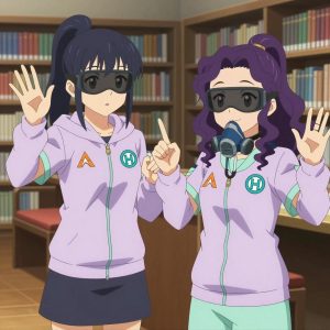 An anime scene showing 2 characters. 1. a female anime character with a small build, round face, no facial hair, hair in a high ponytail with a bow 2. a female anime character with a smaller build, soft smile, no facial hair, hair in loose curls with a small hair clip All characters wear light lavender and mint maintenance crew with a scene aesthetic. Each character wears two small lapel pins β one showing the the Anthropic logo β a stylized A made of three overlapping triangles, warm orange (real brand), and one showing the stylized H with an open crossbar inside a circle, teal and cyan colors logo (abstract). One character wears a hoodie. One character has compact respirator hanging from a carabiner. Only one character gestures β the others focus on their tasks without gesturing or pointing. Characters speak to devices, check readings, touch their own fingertips together to transmit data, and wear AR glasses. No character touches a keyboard or looks at a screen. No character waves at the camera. No character faces the viewer directly. The team is practicing a literal aqueduct in a quiet library with floor-to-ceiling bookshelves and reading nooks. Exactly 2 characters in this scene β no more, no fewer. One coaches a teammate on technique with constructive pointers. One performs with genuine expression, letting the music carry the emotion. No male character wears a skirt, kilt, or apron over pants or formal shirts. Exactly 2 characters total. The image must contain precisely 2 characters.NO TEXT anywhere in this image β no speech bubbles, no word bubbles, no labels, no signs, no writing of any kind. Anime style, vibrant colors, clean composition, cinematic lighting.