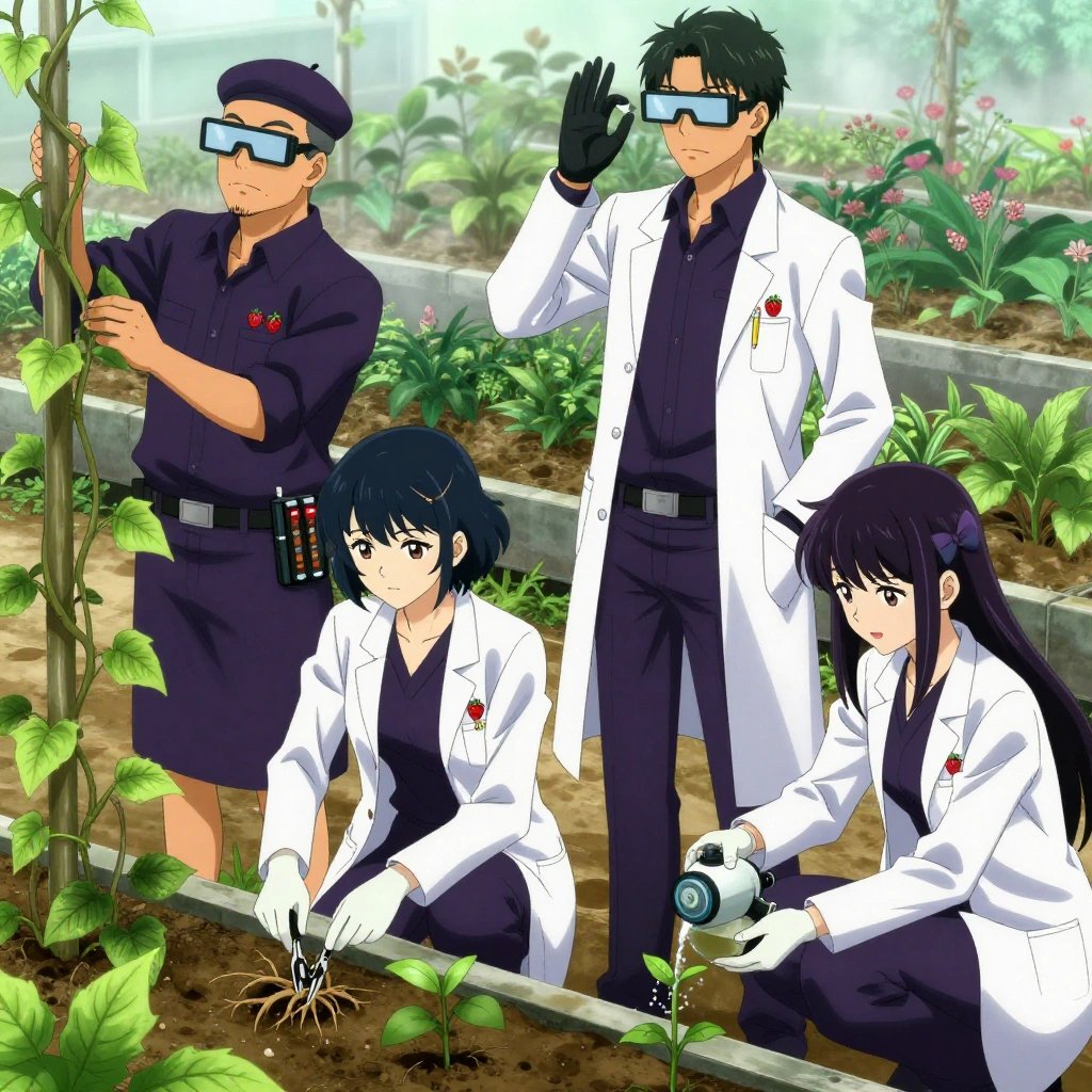 An anime scene showing 4 characters. 1. a male anime character with a tall, sturdy build, short side-part hair, light goatee, wearing a neatly buttoned collared work shirt with sleeves rolled up, a utility belt with a small battery pack that connects to his eyeglasses, flat chest with no breasts 2. a female anime character with a slim build, delicate face, no facial hair, short wavy hair with a hair pin 3. a male anime character with a tall, lean build, short messy hair, clean-shaven, wearing a neatly pressed collared button-up with a vest over top, a utility belt with a small battery pack that connects to his eyeglasses, flat chest with no breasts 4. a female anime character with a petite build, cute face, no facial hair, long hair with a bow hair accessory All characters wear dark purple and silver medical team (white lab coats) with a miss universe aesthetic. Each character wears two small lapel pins — one showing a tiny red strawberry with green leaves, round and bright and one showing a tiny sharpened yellow pencil with a pink eraser. Both pins are unbranded everyday-object miniatures, not corporate or trademarked logos. One character wears a beret. One character has gloves with fingertip sensors. Only one character gestures — the others focus on their tasks without gesturing or pointing. Characters speak to devices, check readings, touch their own fingertips together to transmit data, and wear AR glasses. No character touches a keyboard or looks at a screen. No character waves at the camera. No character faces the viewer directly. The team is cultivating a literal tractor in a botanical garden at peak bloom with stone pathways and morning mist. Exactly 4 characters in this scene — no more, no fewer. One trellises a climbing plant, guiding it along a support with gentle care. One applies fertilizer in careful doses around the root zone. One prunes dead growth to encourage healthy new shoots. One waters a young seedling by hand, checking soil moisture first. No male character wears a skirt, kilt, or apron over pants or formal shirts. Exactly 4 characters total. The image must contain precisely 4 characters.NO TEXT anywhere in this image — no speech bubbles, no word bubbles, no labels, no signs, no writing of any kind. Anime style, vibrant colors, clean composition, cinematic lighting.