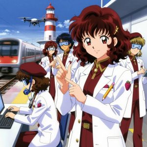 An anime scene showing 1 characters. 1. a female anime character with a smaller build, soft smile, no facial hair, hair in loose curls with a small hair clip All characters wear deep red and gold medical team (white lab coats) with a 2000s aesthetic. Each character wears two small lapel pins β one showing a tiny pink raspberry with a hollow center and one showing a tiny sharpened yellow pencil with a pink eraser. Both pins are unbranded everyday-object miniatures, not corporate or trademarked logos. One character wears a beret. One character has compact respirator hanging from a carabiner. Only one character gestures β the others focus on their tasks without gesturing or pointing. Characters speak to devices, check readings, touch their own fingertips together to transmit data, and wear AR glasses. No character touches a keyboard or looks at a screen. No character waves at the camera. No character faces the viewer directly. The team is operating a literal lighthouse in a high-speed rail platform with a train arriving in a blur of silver. Exactly 1 characters in this scene β no more, no fewer. One pilots a drone through a pre-planned flight path, monitoring telemetry. No male character wears a skirt, kilt, or apron over pants or formal shirts. Exactly 1 characters total. The image must contain precisely 1 characters.NO TEXT anywhere in this image β no speech bubbles, no word bubbles, no labels, no signs, no writing of any kind. Anime style, vibrant colors, clean composition, cinematic lighting.