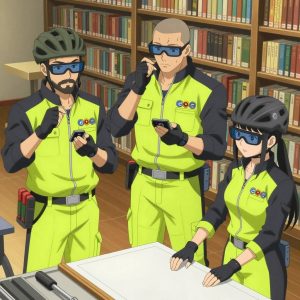 An anime scene showing 3 characters. 1. a male anime character with a stocky, strong build, short undercut hair, full beard, wearing a neatly buttoned work jacket with a full zip front and rolled sleeves, a utility belt with a small battery pack that connects to his eyeglasses, flat chest with no breasts 2. a male anime character with a broad-shouldered build, short buzz-cut hair, clean-shaven, wearing a neatly buttoned work coverall with a full-length zipper and snapped chest pocket, a utility belt with a small battery pack that connects to his eyeglasses, flat chest with no breasts 3. a female anime character with a smaller build, cute face, no facial hair, long hair with a ribbon tied at the end All characters wear charcoal and neon yellow scientific expedition team with a spa day aesthetic. Each character wears two small lapel pins β one showing the the Google logo β four colored letters G o o g in bold, blue red yellow blue (real brand), and one showing the hexagon-diamond shape with a Y inside, blue and yellow logo (abstract). One character wears a bicycle helmet. One character has gloves with fingertip sensors. Only one character gestures β the others focus on their tasks without gesturing or pointing. Characters speak to devices, check readings, touch their own fingertips together to transmit data, and wear AR glasses. No character touches a keyboard or looks at a screen. No character waves at the camera. No character faces the viewer directly. The team is building a literal sawmill in a quiet library with floor-to-ceiling bookshelves and reading nooks. Exactly 3 characters in this scene β no more, no fewer. One assembles components using the correct fasteners and techniques. One cuts material to exact measurements, double-checking against the plan. One sands a surface smooth before applying finish, feeling for imperfections. No male character wears a skirt, kilt, or apron over pants or formal shirts. Exactly 3 characters total. The image must contain precisely 3 characters.NO TEXT anywhere in this image β no speech bubbles, no word bubbles, no labels, no signs, no writing of any kind. Anime style, vibrant colors, clean composition, cinematic lighting.