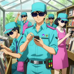 An anime scene showing 1 characters. 1. a male anime character with a taller, athletic build, short hair, subtle facial hair, wearing a neatly buttoned-up collared shirt with sleeves rolled to the elbows, a utility belt with a small battery pack that connects to his eyeglasses, flat chest with no breasts All characters wear bright cyan and pink fishing trawler crew with a summer sadness aesthetic. Each character wears two small lapel pins — one showing the the Solana logo — a gradient circle with a stylized wave S-mark inside, purple and teal (real brand), and one showing the hexagon-diamond shape with a Y inside, blue and yellow logo (abstract). One character wears a top hat. One character has cooling vest worn under the uniform. Only one character gestures — the others focus on their tasks without gesturing or pointing. Characters speak to devices, check readings, touch their own fingertips together to transmit data, and wear AR glasses. No character touches a keyboard or looks at a screen. No character waves at the camera. No character faces the viewer directly. The team is repairing a literal greenhouse in a vintage record store filled with colorful album spines. Exactly 1 characters in this scene — no more, no fewer. One recalibrates the device to factory specifications step by step. No male character wears a skirt, kilt, or apron over pants or formal shirts. Exactly 1 characters total. The image must contain precisely 1 characters.NO TEXT anywhere in this image — no speech bubbles, no word bubbles, no labels, no signs, no writing of any kind. Anime style, vibrant colors, clean composition, cinematic lighting.