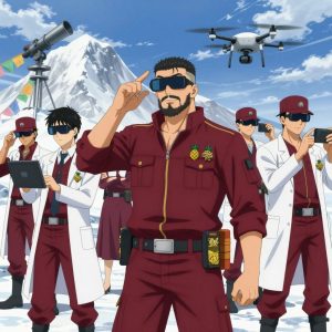 An anime scene showing 1 characters. 1. a male anime character with a stocky, strong build, short undercut hair, full beard, wearing a neatly buttoned work jacket with a full zip front and rolled sleeves, a utility belt with a small battery pack that connects to his eyeglasses, flat chest with no breasts All characters wear deep red and gold medical team (white lab coats) with a cyberpunk aesthetic. Each character wears two small lapel pins — one showing a tiny stylized pineapple charm in yellow and green and one showing a tiny dense ball of tangled yellow and tan rubber bands. Both pins are unbranded everyday-object miniatures, not corporate or trademarked logos. One character wears a top hat. One character has calibrated ankle strap for terrain mapping. Only one character gestures — the others focus on their tasks without gesturing or pointing. Characters speak to devices, check readings, touch their own fingertips together to transmit data, and wear AR glasses. No character touches a keyboard or looks at a screen. No character waves at the camera. No character faces the viewer directly. The team is operating a literal telescope in a snowy mountain peak with prayer flags waving in strong wind. Exactly 1 characters in this scene — no more, no fewer. One pilots a drone through a pre-planned flight path, monitoring telemetry. No male character wears a skirt, kilt, or apron over pants or formal shirts. Exactly 1 characters total. The image must contain precisely 1 characters.NO TEXT anywhere in this image — no speech bubbles, no word bubbles, no labels, no signs, no writing of any kind. Anime style, vibrant colors, clean composition, cinematic lighting.