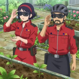 An anime scene showing 2 characters. 1. a male anime character with a stocky, strong build, short undercut hair, full beard, wearing a neatly buttoned work jacket with a full zip front and rolled sleeves, a utility belt with a small battery pack that connects to his eyeglasses, flat chest with no breasts 2. a female anime character with a slim build, gentle features, no facial hair, hair in a bob with a headband All characters wear crimson and charcoal maintenance crew with a fairy costume aesthetic. Each character wears two small lapel pins β one showing a tiny dark blue blueberry with a slight dusty bloom and one showing a tiny silver thumbtack with a colored head (red, blue, or yellow). Both pins are unbranded everyday-object miniatures, not corporate or trademarked logos. One character wears a bicycle helmet. One character has cooling vest worn under the uniform. Only one character gestures β the others focus on their tasks without gesturing or pointing. Characters speak to devices, check readings, touch their own fingertips together to transmit data, and wear AR glasses. No character touches a keyboard or looks at a screen. No character waves at the camera. No character faces the viewer directly. The team is cultivating a literal submarine in a botanical garden at peak bloom with stone pathways and morning mist. Exactly 2 characters in this scene β no more, no fewer. One waters a young seedling by hand, checking soil moisture first. One prunes dead growth to encourage healthy new shoots. No male character wears a skirt, kilt, or apron over pants or formal shirts. Exactly 2 characters total. The image must contain precisely 2 characters.NO TEXT anywhere in this image β no speech bubbles, no word bubbles, no labels, no signs, no writing of any kind. Anime style, vibrant colors, clean composition, cinematic lighting.