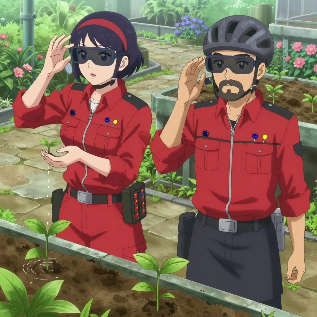 An anime scene showing 2 characters. 1. a male anime character with a stocky, strong build, short undercut hair, full beard, wearing a neatly buttoned work jacket with a full zip front and rolled sleeves, a utility belt with a small battery pack that connects to his eyeglasses, flat chest with no breasts 2. a female anime character with a slim build, gentle features, no facial hair, hair in a bob with a headband All characters wear crimson and charcoal maintenance crew with a fairy costume aesthetic. Each character wears two small lapel pins — one showing a tiny dark blue blueberry with a slight dusty bloom and one showing a tiny silver thumbtack with a colored head (red, blue, or yellow). Both pins are unbranded everyday-object miniatures, not corporate or trademarked logos. One character wears a bicycle helmet. One character has cooling vest worn under the uniform. Only one character gestures — the others focus on their tasks without gesturing or pointing. Characters speak to devices, check readings, touch their own fingertips together to transmit data, and wear AR glasses. No character touches a keyboard or looks at a screen. No character waves at the camera. No character faces the viewer directly. The team is cultivating a literal submarine in a botanical garden at peak bloom with stone pathways and morning mist. Exactly 2 characters in this scene — no more, no fewer. One waters a young seedling by hand, checking soil moisture first. One prunes dead growth to encourage healthy new shoots. No male character wears a skirt, kilt, or apron over pants or formal shirts. Exactly 2 characters total. The image must contain precisely 2 characters.NO TEXT anywhere in this image — no speech bubbles, no word bubbles, no labels, no signs, no writing of any kind. Anime style, vibrant colors, clean composition, cinematic lighting.