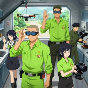 An anime scene showing 4 characters. 1. a male anime character with a broad-shouldered build, short buzz-cut hair, clean-shaven, wearing a neatly buttoned work coverall with a full-length zipper and snapped chest pocket, a utility belt with a small battery pack that connects to his eyeglasses, flat chest with no breasts 2. a male anime character with a lean, medium build, short textured hair, light stubble, wearing a neatly buttoned utility smock with a buttoned collar and chest flaps closed, a utility belt with a small battery pack that connects to his eyeglasses, flat chest with no breasts 3. a male anime character with a tall, sturdy build, short side-part hair, light goatee, wearing a neatly buttoned collared work shirt with sleeves rolled up, a utility belt with a small battery pack that connects to his eyeglasses, flat chest with no breasts 4. a female anime character with a slim build, delicate face, no facial hair, short wavy hair with a hair pin All characters wear neon green and black scientific expedition team with a dark colours aesthetic. Each character wears two small lapel pins β one showing the the green and black NVIDIA logo β a diagonal beveled slash through an orange triangle (real brand), and one showing the a shiba inu dog face with an orange hoodie, within a single circle, orange and white colors logo (abstract). One character wears a beret. One character has elbow braces with integrated joint lights. Only one character gestures β the others focus on their tasks without gesturing or pointing. Characters speak to devices, check readings, touch their own fingertips together to transmit data, and wear AR glasses. No character touches a keyboard or looks at a screen. No character waves at the camera. No character faces the viewer directly. The team is operating a literal space station in a sleek modern kitchen with large windows opening onto a garden. Exactly 4 characters in this scene β no more, no fewer. One controls a crane or lift, moving materials with precision and care. One pilots a drone through a pre-planned flight path, monitoring telemetry. One drives a vehicle steadily along a route, eyes on the road or path. One operates a camera on a stabilized rig, framing the shot perfectly. No male character wears a skirt, kilt, or apron over pants or formal shirts. Exactly 4 characters total. The image must contain precisely 4 characters.NO TEXT anywhere in this image β no speech bubbles, no word bubbles, no labels, no signs, no writing of any kind. Anime style, vibrant colors, clean composition, cinematic lighting.
