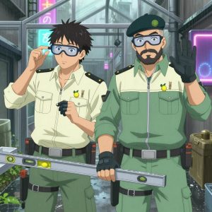 An anime scene showing 2 characters. 1. a male anime character with a broader, muscular build, short spiky hair, light stubble, wearing a neatly buttoned work shirt with epaulets and a zipped front, a utility belt with a small battery pack that connects to his eyeglasses, flat chest with no breasts 2. a male anime character with a stocky, strong build, short undercut hair, full beard, wearing a neatly buttoned work jacket with a full zip front and rolled sleeves, a utility belt with a small battery pack that connects to his eyeglasses, flat chest with no breasts All characters wear sage green and cream hazardous disposal team with a street wear aesthetic. Each character wears two small lapel pins β one showing a tiny yellow lemon with a small green leaf attached and one showing a tiny wooden clothespin with a metal spring. Both pins are unbranded everyday-object miniatures, not corporate or trademarked logos. One character wears a beret. One character has gloves with fingertip sensors. Only one character gestures β the others focus on their tasks without gesturing or pointing. Characters speak to devices, check readings, touch their own fingertips together to transmit data, and wear AR glasses. No character touches a keyboard or looks at a screen. No character waves at the camera. No character faces the viewer directly. The team is building a literal greenhouse in a rain-soaked city alley with neon signs reflecting in puddles. Exactly 2 characters in this scene β no more, no fewer. One checks alignment and level before securing each joint. One cuts material to exact measurements, double-checking against the plan. No male character wears a skirt, kilt, or apron over pants or formal shirts. Exactly 2 characters total. The image must contain precisely 2 characters.NO TEXT anywhere in this image β no speech bubbles, no word bubbles, no labels, no signs, no writing of any kind. Anime style, vibrant colors, clean composition, cinematic lighting.