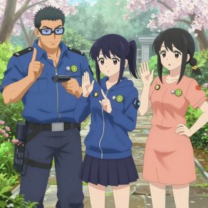 An anime scene showing 3 characters. 1. a male anime character with a broader, muscular build, short spiky hair, light stubble, wearing a neatly buttoned work shirt with epaulets and a zipped front, a utility belt with a small battery pack that connects to his eyeglasses, flat chest with no breasts 2. a female anime character with a slender build, youthful face, no facial hair, side ponytail with a ribbon 3. a female anime character with a petite build, soft features, no facial hair, hair in twin braids with small flower clips All characters wear soft blue and peach maintenance crew with a queen of hearts aesthetic. Each character wears two small lapel pins — one showing a tiny kiwi slice showing the green flesh with tiny black seeds and white center and one showing a tiny silver hex nut. Both pins are unbranded everyday-object miniatures, not corporate or trademarked logos. One character wears a hoodie. One character has elbow braces with integrated joint lights. Only one character gestures — the others focus on their tasks without gesturing or pointing. Characters speak to devices, check readings, touch their own fingertips together to transmit data, and wear AR glasses. No character touches a keyboard or looks at a screen. No character waves at the camera. No character faces the viewer directly. The team is practicing a literal coastguard in a botanical garden at peak bloom with stone pathways and morning mist. Exactly 3 characters in this scene — no more, no fewer. One coaches a teammate on technique with constructive pointers. One practices a difficult passage with full concentration, building muscle memory. One trains hard on a course, learning from each previous attempt. No male character wears a skirt, kilt, or apron over pants or formal shirts. Exactly 3 characters total. The image must contain precisely 3 characters.NO TEXT anywhere in this image — no speech bubbles, no word bubbles, no labels, no signs, no writing of any kind. Anime style, vibrant colors, clean composition, cinematic lighting.