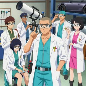 An anime scene showing 1 characters. 1. a male anime character with a broad-shouldered build, short buzz-cut hair, clean-shaven, wearing a neatly buttoned work coverall with a full-length zipper and snapped chest pocket, a utility belt with a small battery pack that connects to his eyeglasses, flat chest with no breasts All characters wear bright cyan and pink medical team (white lab coats) with a music festival aesthetic. Each character wears two small lapel pins β one showing a tiny lime wedge showing the green rind and pale flesh and one showing a tiny sharpened yellow pencil with a pink eraser. Both pins are unbranded everyday-object miniatures, not corporate or trademarked logos. One character wears a newsboy cap. One character has safety goggles with AR overlay lenses. Only one character gestures β the others focus on their tasks without gesturing or pointing. Characters speak to devices, check readings, touch their own fingertips together to transmit data, and wear AR glasses. No character touches a keyboard or looks at a screen. No character waves at the camera. No character faces the viewer directly. The team is treating a literal telescope in a mechanic's garage with tools organized on pegboards and cars on lifts. Exactly 1 characters in this scene β no more, no fewer. One carefully cleans and dresses a wound using sterile supplies. No male character wears a skirt, kilt, or apron over pants or formal shirts. Exactly 1 characters total. The image must contain precisely 1 characters.NO TEXT anywhere in this image β no speech bubbles, no word bubbles, no labels, no signs, no writing of any kind. Anime style, vibrant colors, clean composition, cinematic lighting.
