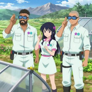 An anime scene showing 3 characters. 1. a male anime character with a stocky, strong build, short undercut hair, full beard, wearing a neatly buttoned work jacket with a full zip front and rolled sleeves, a utility belt with a small battery pack that connects to his eyeglasses, flat chest with no breasts 2. a female anime character with a petite build, cute face, no facial hair, long hair with a bow hair accessory 3. a male anime character with a broad-shouldered build, short buzz-cut hair, clean-shaven, wearing a neatly buttoned work coverall with a full-length zipper and snapped chest pocket, a utility belt with a small battery pack that connects to his eyeglasses, flat chest with no breasts All characters wear soft mint and white hazardous disposal team with a pink aesthetic. Each character wears two small lapel pins β one showing the the Solana logo β a gradient circle with a stylized wave S-mark inside, purple and teal (real brand), and one showing the stylized H with an open crossbar inside a circle, teal and cyan colors logo (abstract). One character wears a fedora. One character has calibrated ankle strap for terrain mapping. Only one character gestures β the others focus on their tasks without gesturing or pointing. Characters speak to devices, check readings, touch their own fingertips together to transmit data, and wear AR glasses. No character touches a keyboard or looks at a screen. No character waves at the camera. No character faces the viewer directly. The team is building a literal greenhouse in a high alpine meadow in full summer bloom with mountain peaks beyond. Exactly 3 characters in this scene β no more, no fewer. One checks alignment and level before securing each joint. One sands a surface smooth before applying finish, feeling for imperfections. One cuts material to exact measurements, double-checking against the plan. No male character wears a skirt, kilt, or apron over pants or formal shirts. Exactly 3 characters total. The image must contain precisely 3 characters.NO TEXT anywhere in this image β no speech bubbles, no word bubbles, no labels, no signs, no writing of any kind. Anime style, vibrant colors, clean composition, cinematic lighting.