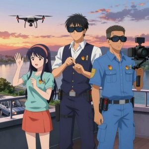 An anime scene showing 3 characters. 1. a female anime character with a petite build, expressive eyes, no facial hair, long straight hair with a ribbon headband 2. a male anime character with a tall, lean build, short messy hair, clean-shaven, wearing a neatly pressed collared button-up with a vest over top, a utility belt with a small battery pack that connects to his eyeglasses, flat chest with no breasts 3. a male anime character with a lean, medium build, short textured hair, light stubble, wearing a neatly buttoned utility smock with a buttoned collar and chest flaps closed, a utility belt with a small battery pack that connects to his eyeglasses, flat chest with no breasts All characters wear light blue and coral maintenance crew with a cover of vogue aesthetic. Each character wears two small lapel pins β one showing a tiny yellow-orange mango with a hint of red blush and one showing a tiny wooden clothespin with a metal spring. Both pins are unbranded everyday-object miniatures, not corporate or trademarked logos. One character wears a hoodie. One character has cooling vest worn under the uniform. Only one character gestures β the others focus on their tasks without gesturing or pointing. Characters speak to devices, check readings, touch their own fingertips together to transmit data, and wear AR glasses. No character touches a keyboard or looks at a screen. No character waves at the camera. No character faces the viewer directly. The team is operating a literal lookout tower in a rooftop terrace at sunset overlooking a wide river. Exactly 3 characters in this scene β no more, no fewer. One pilots a drone through a pre-planned flight path, monitoring telemetry. One drives a vehicle steadily along a route, eyes on the road or path. One operates a camera on a stabilized rig, framing the shot perfectly. No male character wears a skirt, kilt, or apron over pants or formal shirts. Exactly 3 characters total. The image must contain precisely 3 characters.NO TEXT anywhere in this image β no speech bubbles, no word bubbles, no labels, no signs, no writing of any kind. Anime style, vibrant colors, clean composition, cinematic lighting.