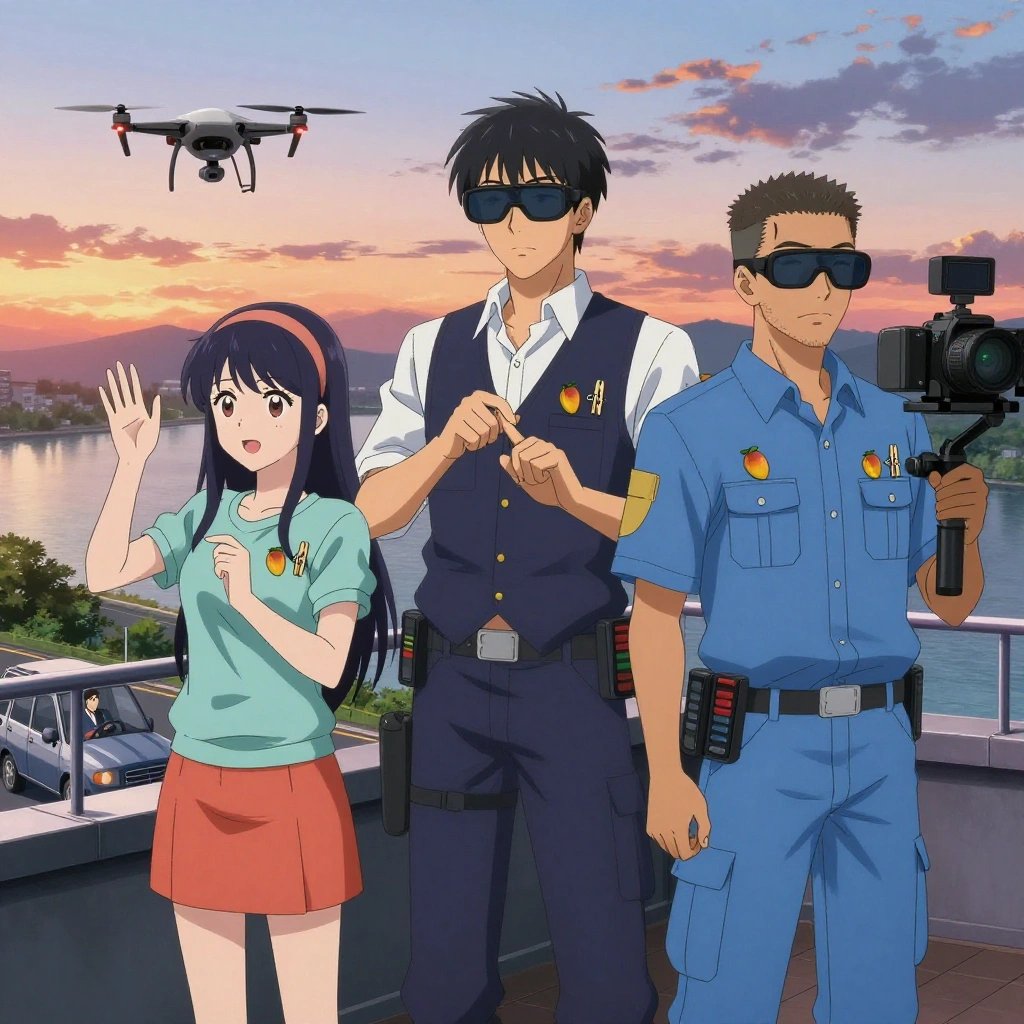 An anime scene showing 3 characters. 1. a female anime character with a petite build, expressive eyes, no facial hair, long straight hair with a ribbon headband 2. a male anime character with a tall, lean build, short messy hair, clean-shaven, wearing a neatly pressed collared button-up with a vest over top, a utility belt with a small battery pack that connects to his eyeglasses, flat chest with no breasts 3. a male anime character with a lean, medium build, short textured hair, light stubble, wearing a neatly buttoned utility smock with a buttoned collar and chest flaps closed, a utility belt with a small battery pack that connects to his eyeglasses, flat chest with no breasts All characters wear light blue and coral maintenance crew with a cover of vogue aesthetic. Each character wears two small lapel pins — one showing a tiny yellow-orange mango with a hint of red blush and one showing a tiny wooden clothespin with a metal spring. Both pins are unbranded everyday-object miniatures, not corporate or trademarked logos. One character wears a hoodie. One character has cooling vest worn under the uniform. Only one character gestures — the others focus on their tasks without gesturing or pointing. Characters speak to devices, check readings, touch their own fingertips together to transmit data, and wear AR glasses. No character touches a keyboard or looks at a screen. No character waves at the camera. No character faces the viewer directly. The team is operating a literal lookout tower in a rooftop terrace at sunset overlooking a wide river. Exactly 3 characters in this scene — no more, no fewer. One pilots a drone through a pre-planned flight path, monitoring telemetry. One drives a vehicle steadily along a route, eyes on the road or path. One operates a camera on a stabilized rig, framing the shot perfectly. No male character wears a skirt, kilt, or apron over pants or formal shirts. Exactly 3 characters total. The image must contain precisely 3 characters.NO TEXT anywhere in this image — no speech bubbles, no word bubbles, no labels, no signs, no writing of any kind. Anime style, vibrant colors, clean composition, cinematic lighting.