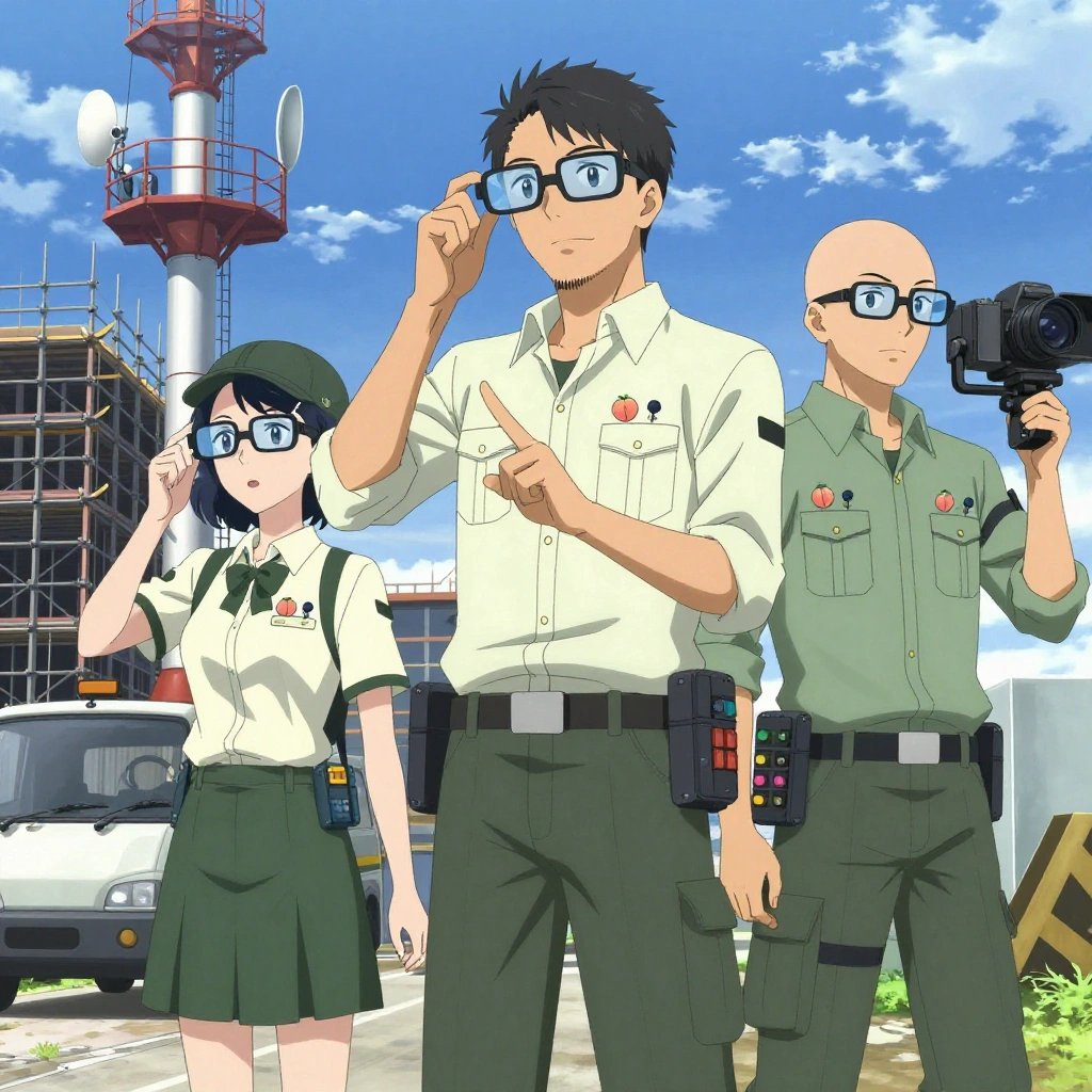 An anime scene showing 3 characters. 1. a female anime character with a slim build, delicate face, no facial hair, short wavy hair with a hair pin 2. a male anime character with a tall, sturdy build, short side-part hair, light goatee, wearing a neatly buttoned collared work shirt with sleeves rolled up, a utility belt with a small battery pack that connects to his eyeglasses, flat chest with no breasts 3. a male anime character with a lean, wiry build, short wavy hair, clean-shaven, wearing a neatly buttoned utility shirt with a buttoned collar and chest pockets snapped shut, a utility belt with a small battery pack that connects to his eyeglasses, flat chest with no breasts All characters wear sage green and cream surveying team with a dark or light aesthetic. Each character wears two small lapel pins — one showing a tiny fuzzy peach with a single crease down one side and one showing a tiny round-headed pushpin in a bright color. Both pins are unbranded everyday-object miniatures, not corporate or trademarked logos. One character wears a flat cap. One character has cooling vest worn under the uniform. Only one character gestures — the others focus on their tasks without gesturing or pointing. Characters speak to devices, check readings, touch their own fingertips together to transmit data, and wear AR glasses. No character touches a keyboard or looks at a screen. No character waves at the camera. No character faces the viewer directly. The team is operating a literal radio tower in a construction site with scaffolding and materials stacked against blue sky. Exactly 3 characters in this scene — no more, no fewer. One controls a crane or lift, moving materials with precision and care. One drives a vehicle steadily along a route, eyes on the road or path. One operates a camera on a stabilized rig, framing the shot perfectly. No male character wears a skirt, kilt, or apron over pants or formal shirts. Exactly 3 characters total. The image must contain precisely 3 characters.NO TEXT anywhere in this image — no speech bubbles, no word bubbles, no labels, no signs, no writing of any kind. Anime style, vibrant colors, clean composition, cinematic lighting.