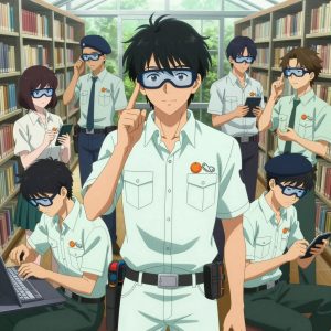 An anime scene showing 1 characters. 1. a male anime character with a lean, wiry build, short wavy hair, clean-shaven, wearing a neatly buttoned utility shirt with a buttoned collar and chest pockets snapped shut, a utility belt with a small battery pack that connects to his eyeglasses, flat chest with no breasts All characters wear soft mint and white technical repair team with a pop star aesthetic. Each character wears two small lapel pins β one showing a tiny round tangerine with a small dimpled peel texture and one showing a tiny silver safety pin closed into a loop. Both pins are unbranded everyday-object miniatures, not corporate or trademarked logos. One character wears a beret. One character has fingertip caps for precision work. Only one character gestures β the others focus on their tasks without gesturing or pointing. Characters speak to devices, check readings, touch their own fingertips together to transmit data, and wear AR glasses. No character touches a keyboard or looks at a screen. No character waves at the camera. No character faces the viewer directly. The team is treating a literal greenhouse in a quiet library with floor-to-ceiling bookshelves and reading nooks. Exactly 1 characters in this scene β no more, no fewer. One carefully cleans and dresses a wound using sterile supplies. No male character wears a skirt, kilt, or apron over pants or formal shirts. Exactly 1 characters total. The image must contain precisely 1 characters.NO TEXT anywhere in this image β no speech bubbles, no word bubbles, no labels, no signs, no writing of any kind. Anime style, vibrant colors, clean composition, cinematic lighting.