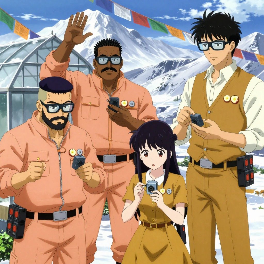 An anime scene showing 4 characters. 1. a male anime character with a stocky, strong build, short undercut hair, full beard, wearing a neatly buttoned work jacket with a full zip front and rolled sleeves, a utility belt with a small battery pack that connects to his eyeglasses, flat chest with no breasts 2. a male anime character with a tall, rugged build, short dreadlock hair, thick mustache, wearing a neatly buttoned utility jacket with a mandarin collar and two chest pockets, a utility belt with a small battery pack that connects to his eyeglasses, flat chest with no breasts 3. a female anime character with a petite build, cute face, no facial hair, long hair with a bow hair accessory 4. a male anime character with a tall, lean build, short messy hair, clean-shaven, wearing a neatly pressed collared button-up with a vest over top, a utility belt with a small battery pack that connects to his eyeglasses, flat chest with no breasts All characters wear warm peach and gold field research team with a model photoshoot aesthetic. Each character wears two small lapel pins — one showing a tiny apple slice showing the star pattern of seeds in the middle and one showing a tiny silver hex bolt. Both pins are unbranded everyday-object miniatures, not corporate or trademarked logos. One character wears a beret. One character has elbow braces with integrated joint lights. Only one character gestures — the others focus on their tasks without gesturing or pointing. Characters speak to devices, check readings, touch their own fingertips together to transmit data, and wear AR glasses. No character touches a keyboard or looks at a screen. No character waves at the camera. No character faces the viewer directly. The team is repairing a literal greenhouse in a snowy mountain peak with prayer flags waving in strong wind. Exactly 4 characters in this scene — no more, no fewer. One replaces a worn component with a fresh part, checking the fit twice. One diagnoses the fault by listening to how the mechanism sounds. One cleans a critical part with solvent, working in a well-ventilated spot. One recalibrates the device to factory specifications step by step. No male character wears a skirt, kilt, or apron over pants or formal shirts. Exactly 4 characters total. The image must contain precisely 4 characters.NO TEXT anywhere in this image — no speech bubbles, no word bubbles, no labels, no signs, no writing of any kind. Anime style, vibrant colors, clean composition, cinematic lighting.