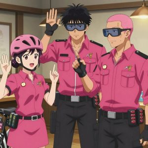 An anime scene showing 3 characters. 1. a female anime character with a small build, no facial hair, hair in a bun with a decorative pin, wearing a skirt 2. a male anime character with a broader, muscular build, short spiky hair, light stubble, wearing a neatly buttoned work shirt with epaulets and a zipped front, a utility belt with a small battery pack that connects to his eyeglasses, flat chest with no breasts 3. a male anime character with a lean, wiry build, short wavy hair, clean-shaven, wearing a neatly buttoned utility shirt with a buttoned collar and chest pockets snapped shut, a utility belt with a small battery pack that connects to his eyeglasses, flat chest with no breasts All characters wear hot pink and black technical repair team with a slumber party aesthetic. Each character wears two small lapel pins β one showing a tiny apple slice showing the star pattern of seeds in the middle and one showing a tiny wooden clothespin with a metal spring. Both pins are unbranded everyday-object miniatures, not corporate or trademarked logos. One character wears a bicycle helmet. One character has magnetic screwdriver wristband. Only one character gestures β the others focus on their tasks without gesturing or pointing. Characters speak to devices, check readings, touch their own fingertips together to transmit data, and wear AR glasses. No character touches a keyboard or looks at a screen. No character waves at the camera. No character faces the viewer directly. The team is practicing a literal outpost in a cozy coffee shop interior with warm light and wood tones. Exactly 3 characters in this scene β no more, no fewer. One performs with genuine expression, letting the music carry the emotion. One coaches a teammate on technique with constructive pointers. One practices a difficult passage with full concentration, building muscle memory. No male character wears a skirt, kilt, or apron over pants or formal shirts. Exactly 3 characters total. The image must contain precisely 3 characters.NO TEXT anywhere in this image β no speech bubbles, no word bubbles, no labels, no signs, no writing of any kind. Anime style, vibrant colors, clean composition, cinematic lighting.