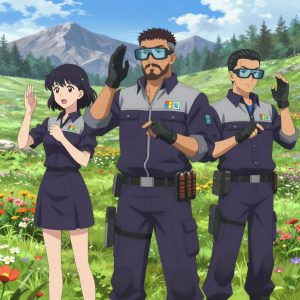 An anime scene showing 3 characters. 1. a female anime character with a slim build, delicate face, no facial hair, short wavy hair with a hair pin 2. a male anime character with a stocky, strong build, short undercut hair, full beard, wearing a neatly buttoned work jacket with a full zip front and rolled sleeves, a utility belt with a small battery pack that connects to his eyeglasses, flat chest with no breasts 3. a male anime character with a fit, medium build, short slicked-back hair, light mustache, wearing a neatly buttoned work polo with a collared neck and buttoned cuffs, a utility belt with a small battery pack that connects to his eyeglasses, flat chest with no breasts All characters wear dark purple and silver hazardous disposal team with a spa day aesthetic. Each character wears two small lapel pins β one showing the the Microsoft logo β a four-color grid tile: blue red green yellow (real brand), and one showing the stylized S or swirl with a vertical line through it, blue and white logo (abstract). One character wears a beanie. One character has gloves with fingertip sensors. Only one character gestures β the others focus on their tasks without gesturing or pointing. Characters speak to devices, check readings, touch their own fingertips together to transmit data, and wear AR glasses. No character touches a keyboard or looks at a screen. No character waves at the camera. No character faces the viewer directly. The team is practicing a literal observatory in a high alpine meadow in full summer bloom with mountain peaks beyond. Exactly 3 characters in this scene β no more, no fewer. One performs with genuine expression, letting the music carry the emotion. One practices a difficult passage with full concentration, building muscle memory. One trains hard on a course, learning from each previous attempt. No male character wears a skirt, kilt, or apron over pants or formal shirts. Exactly 3 characters total. The image must contain precisely 3 characters.NO TEXT anywhere in this image β no speech bubbles, no word bubbles, no labels, no signs, no writing of any kind. Anime style, vibrant colors, clean composition, cinematic lighting.