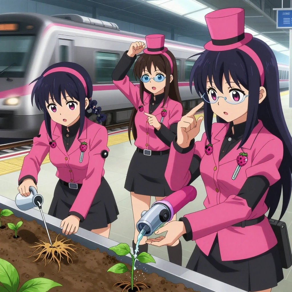 An anime scene showing 3 characters. 1. a female anime character with a petite build, soft features, no facial hair, hair in twin braids with small flower clips 2. a female anime character with a smaller build, cute face, no facial hair, long hair with a ribbon tied at the end 3. a female anime character with a petite build, expressive eyes, no facial hair, long straight hair with a ribbon headband All characters wear hot pink and black surveying team with a your style aesthetic. Each character wears two small lapel pins — one showing a tiny pink raspberry with a hollow center and one showing a tiny flathead screwdriver with a clear handle. Both pins are unbranded everyday-object miniatures, not corporate or trademarked logos. One character wears a top hat. One character has elbow braces with integrated joint lights. Only one character gestures — the others focus on their tasks without gesturing or pointing. Characters speak to devices, check readings, touch their own fingertips together to transmit data, and wear AR glasses. No character touches a keyboard or looks at a screen. No character waves at the camera. No character faces the viewer directly. The team is cultivating a literal ski lift in a high-speed rail platform with a train arriving in a blur of silver. Exactly 3 characters in this scene — no more, no fewer. One applies fertilizer in careful doses around the root zone. One prunes dead growth to encourage healthy new shoots. One waters a young seedling by hand, checking soil moisture first. No male character wears a skirt, kilt, or apron over pants or formal shirts. Exactly 3 characters total. The image must contain precisely 3 characters.NO TEXT anywhere in this image — no speech bubbles, no word bubbles, no labels, no signs, no writing of any kind. Anime style, vibrant colors, clean composition, cinematic lighting.