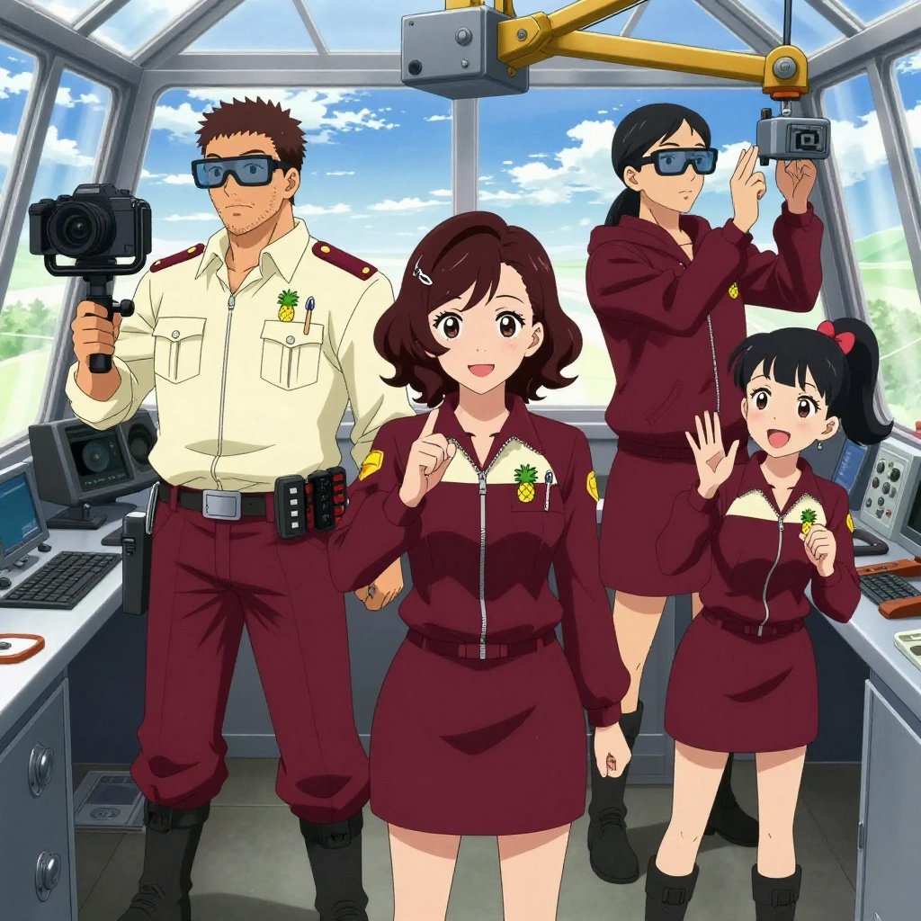 An anime scene showing 3 characters. 1. a male anime character with a broader, muscular build, short spiky hair, light stubble, wearing a neatly buttoned work shirt with epaulets and a zipped front, a utility belt with a small battery pack that connects to his eyeglasses, flat chest with no breasts 2. a female anime character with a smaller build, soft smile, no facial hair, hair in loose curls with a small hair clip 3. a female anime character with a small build, round face, no facial hair, hair in a high ponytail with a bow All characters wear rich maroon and cream surveying team with a selfcare sunday aesthetic. Each character wears two small lapel pins — one showing a tiny stylized pineapple charm in yellow and green and one showing a tiny flathead screwdriver with a clear handle. Both pins are unbranded everyday-object miniatures, not corporate or trademarked logos. One character wears a hoodie. One character has magnetized boot heels for steel surfaces. Only one character gestures — the others focus on their tasks without gesturing or pointing. Characters speak to devices, check readings, touch their own fingertips together to transmit data, and wear AR glasses. No character touches a keyboard or looks at a screen. No character waves at the camera. No character faces the viewer directly. The team is operating a literal greenhouse in a small airplane cockpit with instruments and blue sky beyond the windscreen. Exactly 3 characters in this scene — no more, no fewer. One drives a vehicle steadily along a route, eyes on the road or path. One operates a camera on a stabilized rig, framing the shot perfectly. One controls a crane or lift, moving materials with precision and care. No male character wears a skirt, kilt, or apron over pants or formal shirts. Exactly 3 characters total. The image must contain precisely 3 characters.NO TEXT anywhere in this image — no speech bubbles, no word bubbles, no labels, no signs, no writing of any kind. Anime style, vibrant colors, clean composition, cinematic lighting.