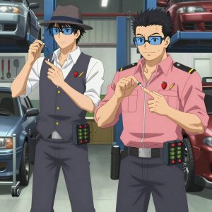 An anime scene showing 2 characters. 1. a male anime character with a tall, lean build, short messy hair, clean-shaven, wearing a neatly pressed collared button-up with a vest over top, a utility belt with a small battery pack that connects to his eyeglasses, flat chest with no breasts 2. a male anime character with a broader, muscular build, short spiky hair, light stubble, wearing a neatly buttoned work shirt with epaulets and a zipped front, a utility belt with a small battery pack that connects to his eyeglasses, flat chest with no breasts All characters wear muted rose and gray fishing trawler crew with a pop star aesthetic. Each character wears two small lapel pins β one showing a tiny red strawberry with green leaves, round and bright and one showing a tiny sharpened yellow pencil with a pink eraser. Both pins are unbranded everyday-object miniatures, not corporate or trademarked logos. One character wears a fedora. One character has magnetized boot heels for steel surfaces. Only one character gestures β the others focus on their tasks without gesturing or pointing. Characters speak to devices, check readings, touch their own fingertips together to transmit data, and wear AR glasses. No character touches a keyboard or looks at a screen. No character waves at the camera. No character faces the viewer directly. The team is treating a literal hydroplant in a mechanic's garage with tools organized on pegboards and cars on lifts. Exactly 2 characters in this scene β no more, no fewer. One administers medicine with a precise dose, watching for reactions. One performs a careful examination to determine the cause of symptoms. No male character wears a skirt, kilt, or apron over pants or formal shirts. Exactly 2 characters total. The image must contain precisely 2 characters.NO TEXT anywhere in this image β no speech bubbles, no word bubbles, no labels, no signs, no writing of any kind. Anime style, vibrant colors, clean composition, cinematic lighting.