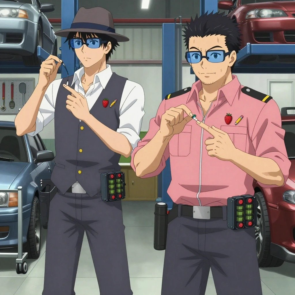 An anime scene showing 2 characters. 1. a male anime character with a tall, lean build, short messy hair, clean-shaven, wearing a neatly pressed collared button-up with a vest over top, a utility belt with a small battery pack that connects to his eyeglasses, flat chest with no breasts 2. a male anime character with a broader, muscular build, short spiky hair, light stubble, wearing a neatly buttoned work shirt with epaulets and a zipped front, a utility belt with a small battery pack that connects to his eyeglasses, flat chest with no breasts All characters wear muted rose and gray fishing trawler crew with a pop star aesthetic. Each character wears two small lapel pins β one showing a tiny red strawberry with green leaves, round and bright and one showing a tiny sharpened yellow pencil with a pink eraser. Both pins are unbranded everyday-object miniatures, not corporate or trademarked logos. One character wears a fedora. One character has magnetized boot heels for steel surfaces. Only one character gestures β the others focus on their tasks without gesturing or pointing. Characters speak to devices, check readings, touch their own fingertips together to transmit data, and wear AR glasses. No character touches a keyboard or looks at a screen. No character waves at the camera. No character faces the viewer directly. The team is treating a literal hydroplant in a mechanic's garage with tools organized on pegboards and cars on lifts. Exactly 2 characters in this scene β no more, no fewer. One administers medicine with a precise dose, watching for reactions. One performs a careful examination to determine the cause of symptoms. No male character wears a skirt, kilt, or apron over pants or formal shirts. Exactly 2 characters total. The image must contain precisely 2 characters.NO TEXT anywhere in this image β no speech bubbles, no word bubbles, no labels, no signs, no writing of any kind. Anime style, vibrant colors, clean composition, cinematic lighting.