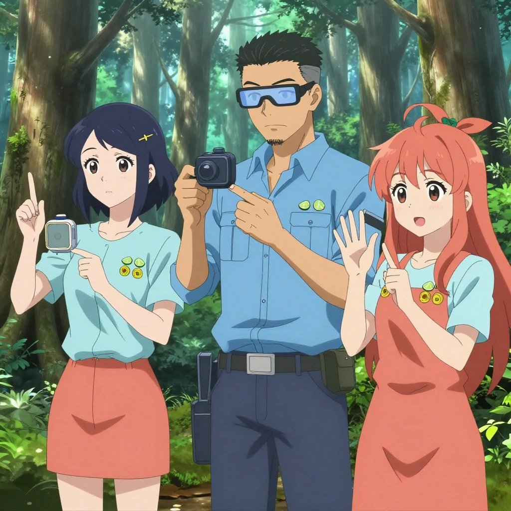 An anime scene showing 3 characters. 1. a female anime character with a slim build, delicate face, no facial hair, short wavy hair with a hair pin 2. a male anime character with a tall, sturdy build, short side-part hair, light goatee, wearing a neatly buttoned collared work shirt with sleeves rolled up, a utility belt with a small battery pack that connects to his eyeglasses, flat chest with no breasts 3. a female anime character with a petite build, cute face, no facial hair, long hair with a bow hair accessory All characters wear light blue and coral maintenance crew with a holiday aesthetic. Each character wears two small lapel pins — one showing a tiny lime wedge showing the green rind and pale flesh and one showing a tiny yellow tape measure coiled into a small circle. Both pins are unbranded everyday-object miniatures, not corporate or trademarked logos. One character wears a hoodie. One character has wrist-mounted calibration scope. Character #3 fingerspelling the letter W — three middle fingers up and thumb across palm, held up clearly, hands large and clearly visible in the foreground. Only one character gestures — the others focus on their tasks without gesturing or pointing. Characters speak to devices, check readings, touch their own fingertips together to transmit data, and wear AR glasses. No character touches a keyboard or looks at a screen. No character waves at the camera. No character faces the viewer directly. The team is measuring a literal aqueduct in an old-growth forest with shafts of light cutting through the canopy. Exactly 3 characters in this scene — no more, no fewer. One verifies dimensions with a precision tool, comparing to the specification. One monitors a readout while adjusting a dial, watching for the target value. One weighs or measures a sample, handling it carefully to avoid contamination. No male character wears a skirt, kilt, or apron over pants or formal shirts. Exactly 3 characters total. The image must contain precisely 3 characters.NO TEXT anywhere in this image — no speech bubbles, no word bubbles, no labels, no signs, no writing of any kind. Anime style, vibrant colors, clean composition, cinematic lighting.