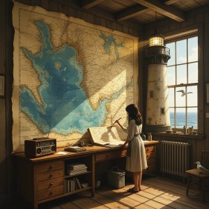 A watercolor lighthouse scene with a paper sea-chart and a single gull carrying a letter.