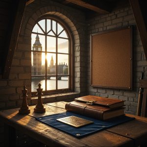 London attic workshop still life: a chess knight, a leather folio, and a silicon wafer on velvet, with Big Ben framed through an arched window at golden hour.