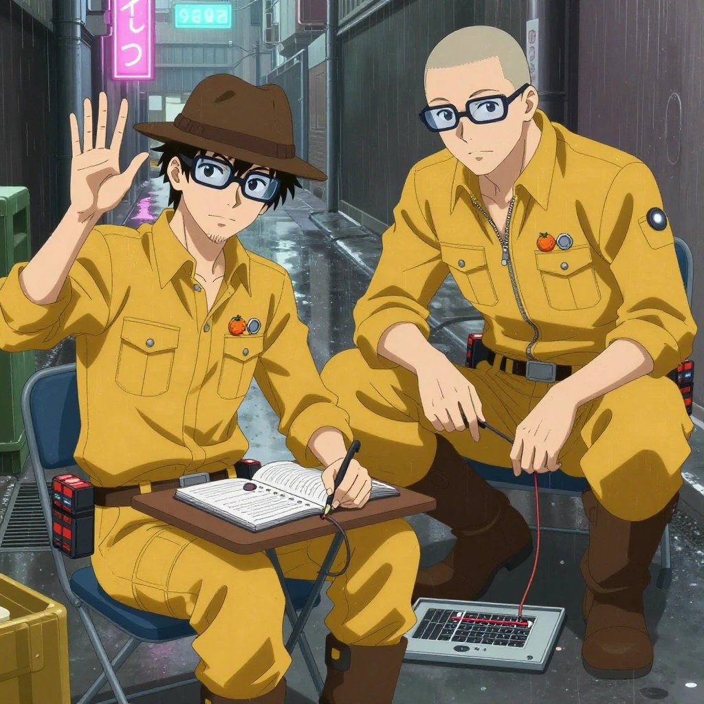 An anime scene showing exactly 2 characters gathered around a literal amphitheater in a rain-soaked city alley with neon signs reflecting in puddles. 1. a male anime character with a lean, medium build, short textured hair, light stubble, wearing a neatly buttoned utility smock with a buttoned collar and chest flaps closed, a utility belt with a small battery pack that connects to his eyeglasses, flat chest with no breasts, sitting at a small folding desk, writing and testing notebook-sized code. 2. a male anime character with a broad-shouldered build, short buzz-cut hair, clean-shaven, wearing a neatly buttoned work coverall with a full-length zipper and snapped chest pocket, a utility belt with a small battery pack that connects to his eyeglasses, flat chest with no breasts, crouching beside an open panel, tracing a cable to find a flaky link. All characters wear mustard yellow and brown technical repair team with a vampire aesthetic. Each character wears two small lapel pins — one showing a tiny round tangerine with a small dimpled peel texture and one showing a tiny silver hex nut. Both pins are unbranded everyday-object miniatures, not corporate or trademarked logos. One character wears a fedora. One character has elbow braces with integrated joint lights. Each character has a distinct pose tied to their task. No character waves at the camera. No character faces the viewer directly. No two characters share the same pose. The team is programming the amphitheater. Exactly 2 characters total in this scene — no more, no fewer. No male character wears a skirt, kilt, or apron over pants or formal shirts. NO TEXT anywhere in this image — no speech bubbles, no word bubbles, no labels, no signs, no writing of any kind. Anime style, vibrant colors, clean composition, cinematic lighting.