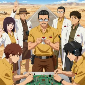 An anime scene showing exactly 1 characters gathered around a literal PCB fabrication workstation in a dusty desert road stretching to the horizon under a blazing sun. 1. a male anime character with a fit, medium build, short slicked-back hair, light mustache, wearing a neatly buttoned work polo with a collared neck and buttoned cuffs, a utility belt with a small battery pack that connects to his eyeglasses, flat chest with no breasts, holding a small paper-wrapped sweet treat carefully in both hands, looking down at it with a soft pleased smile. All characters wear mustard yellow and brown medical team (white lab coats) with a tennis match aesthetic. Each character wears two small lapel pins — one showing a pair of tiny red cherries joined by a slim green stem and one showing a tiny wooden clothespin with a metal spring. Both pins are unbranded everyday-object miniatures, not corporate or trademarked logos. One character wears a fedora. One character has hearing protection with built-in radio. Each character has a distinct pose tied to their task. No character waves at the camera. No character faces the viewer directly. No two characters share the same pose. The team is practicing the PCB fabrication workstation. Exactly 1 characters total in this scene — no more, no fewer. No male character wears a skirt, kilt, or apron over pants or formal shirts. NO TEXT anywhere in this image — no speech bubbles, no word bubbles, no labels, no signs, no writing of any kind. Anime style, vibrant colors, clean composition, cinematic lighting.