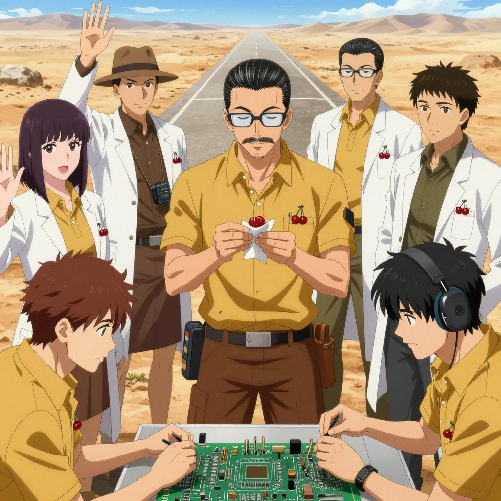 An anime scene showing exactly 1 characters gathered around a literal PCB fabrication workstation in a dusty desert road stretching to the horizon under a blazing sun. 1. a male anime character with a fit, medium build, short slicked-back hair, light mustache, wearing a neatly buttoned work polo with a collared neck and buttoned cuffs, a utility belt with a small battery pack that connects to his eyeglasses, flat chest with no breasts, holding a small paper-wrapped sweet treat carefully in both hands, looking down at it with a soft pleased smile. All characters wear mustard yellow and brown medical team (white lab coats) with a tennis match aesthetic. Each character wears two small lapel pins — one showing a pair of tiny red cherries joined by a slim green stem and one showing a tiny wooden clothespin with a metal spring. Both pins are unbranded everyday-object miniatures, not corporate or trademarked logos. One character wears a fedora. One character has hearing protection with built-in radio. Each character has a distinct pose tied to their task. No character waves at the camera. No character faces the viewer directly. No two characters share the same pose. The team is practicing the PCB fabrication workstation. Exactly 1 characters total in this scene — no more, no fewer. No male character wears a skirt, kilt, or apron over pants or formal shirts. NO TEXT anywhere in this image — no speech bubbles, no word bubbles, no labels, no signs, no writing of any kind. Anime style, vibrant colors, clean composition, cinematic lighting.