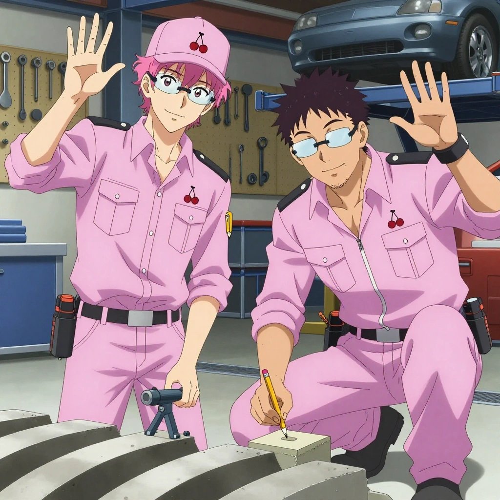 An anime scene showing exactly 2 characters gathered around a literal amphitheater in a mechanic's garage with tools organized on pegboards and cars on lifts. 1. a male anime character with a lean, wiry build, short wavy hair, clean-shaven, wearing a neatly buttoned utility shirt with a buttoned collar and chest pockets snapped shut, a utility belt with a small battery pack that connects to his eyeglasses, flat chest with no breasts, standing at a small jig, assembling a component that will mount on the amphitheater. 2. a male anime character with a broader, muscular build, short spiky hair, light stubble, wearing a neatly buttoned work shirt with epaulets and a zipped front, a utility belt with a small battery pack that connects to his eyeglasses, flat chest with no breasts, crouching with a square and pencil, marking a fresh cut for the amphitheater. All characters wear pastel pink and lavender scientific expedition team with a summer sadness aesthetic. Each character wears two small lapel pins — one showing a pair of tiny red cherries joined by a slim green stem and one showing a tiny sharpened yellow pencil with a pink eraser. Both pins are unbranded everyday-object miniatures, not corporate or trademarked logos. One character wears a captain's hat. One character has magnetic screwdriver wristband. Each character has a distinct pose tied to their task. No character waves at the camera. No character faces the viewer directly. No two characters share the same pose. The team is building the amphitheater. Exactly 2 characters total in this scene — no more, no fewer. No male character wears a skirt, kilt, or apron over pants or formal shirts. NO TEXT anywhere in this image — no speech bubbles, no word bubbles, no labels, no signs, no writing of any kind. Anime style, vibrant colors, clean composition, cinematic lighting.