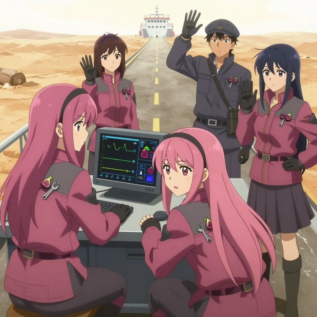 An anime scene showing exactly 1 characters gathered around a literal ferry in a dusty desert road stretching to the horizon under a blazing sun. 1. a female anime character with a petite build, expressive eyes, no facial hair, long straight hair with a ribbon headband, crouched beside a monitor, watching vital signs on the screen. All characters wear muted rose and gray hazardous disposal team with a new year's eve aesthetic. Each character wears two small lapel pins — one showing a tiny deep purple fig with a small green leaf on top and one showing a tiny silver open-end wrench, miniature. Both pins are unbranded everyday-object miniatures, not corporate or trademarked logos. One character wears a newsboy cap. One character has gloves with fingertip sensors. Each character has a distinct pose tied to their task. No character waves at the camera. No character faces the viewer directly. No two characters share the same pose. The team is treating the ferry. Exactly 1 characters total in this scene — no more, no fewer. No male character wears a skirt, kilt, or apron over pants or formal shirts. NO TEXT anywhere in this image — no speech bubbles, no word bubbles, no labels, no signs, no writing of any kind. Anime style, vibrant colors, clean composition, cinematic lighting.