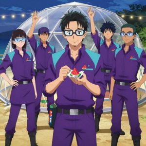 An anime scene showing exactly 1 characters gathered around a literal geodesic dome greenhouse made of thin struts in a beachside boardwalk at twilight with string lights and warm sand. 1. a male anime character with a tall, sturdy build, short side-part hair, light goatee, wearing a neatly buttoned collared work shirt with sleeves rolled up, a utility belt with a small battery pack that connects to his eyeglasses, flat chest with no breasts, holding a small paper-wrapped sweet treat carefully in both hands, looking down at it with a soft pleased smile. All characters wear electric purple and cyan field research team with a tennis match aesthetic. Each character wears two small lapel pins — one showing a tiny watermelon slice showing the red flesh, black seeds, and green rind and one showing a tiny silver thumbtack with a colored head (red, blue, or yellow). Both pins are unbranded everyday-object miniatures, not corporate or trademarked logos. One character wears a baseball cap. One character has safety goggles with AR overlay lenses. Each character has a distinct pose tied to their task. No character waves at the camera. No character faces the viewer directly. No two characters share the same pose. The team is cultivating the geodesic dome greenhouse made of thin struts. Exactly 1 characters total in this scene — no more, no fewer. No male character wears a skirt, kilt, or apron over pants or formal shirts. NO TEXT anywhere in this image — no speech bubbles, no word bubbles, no labels, no signs, no writing of any kind. Anime style, vibrant colors, clean composition, cinematic lighting.