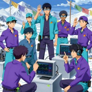 An anime scene showing exactly 1 characters gathered around a literal 3D printer farm in a snowy mountain peak with prayer flags waving in strong wind. 1. a male anime character with a tall, lean build, short messy hair, clean-shaven, wearing a neatly pressed collared button-up with a vest over top, a utility belt with a small battery pack that connects to his eyeglasses, flat chest with no breasts, crouched beside a monitor, watching vital signs on the screen. All characters wear electric purple and cyan fishing trawler crew with a single colour aesthetic. Each character wears two small lapel pins — one showing a tiny yellow-orange mango with a hint of red blush and one showing a tiny silver thumbtack with a colored head (red, blue, or yellow). Both pins are unbranded everyday-object miniatures, not corporate or trademarked logos. One character wears a flat cap. One character has hearing protection with built-in radio. Each character has a distinct pose tied to their task. No character waves at the camera. No character faces the viewer directly. No two characters share the same pose. The team is treating the 3D printer farm. Exactly 1 characters total in this scene — no more, no fewer. No male character wears a skirt, kilt, or apron over pants or formal shirts. NO TEXT anywhere in this image — no speech bubbles, no word bubbles, no labels, no signs, no writing of any kind. Anime style, vibrant colors, clean composition, cinematic lighting.