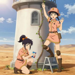 An anime scene showing exactly 2 characters gathered around a literal lighthouse in a dusty desert road stretching to the horizon under a blazing sun. 1. a female anime character with a small build, round face, no facial hair, hair in a high ponytail with a bow, kneeling with a packet, applying fertilizer in careful doses near the lighthouse. 2. a female anime character with a petite build, soft features, no facial hair, hair in twin braids with small flower clips, standing on a step stool, trellising a vine up the side of the lighthouse. All characters wear warm peach and gold engineering team with a scene aesthetic. Each character wears two small lapel pins β one showing a tiny round tangerine with a small dimpled peel texture and one showing a tiny black binder clip with silver arms. Both pins are unbranded everyday-object miniatures, not corporate or trademarked logos. One character wears a top hat. One character has knee pads with built-in tool pouches. Each character has a distinct pose tied to their task. No character waves at the camera. No character faces the viewer directly. No two characters share the same pose. The team is cultivating the lighthouse. Exactly 2 characters total in this scene β no more, no fewer. No male character wears a skirt, kilt, or apron over pants or formal shirts. NO TEXT anywhere in this image β no speech bubbles, no word bubbles, no labels, no signs, no writing of any kind. Anime style, vibrant colors, clean composition, cinematic lighting.